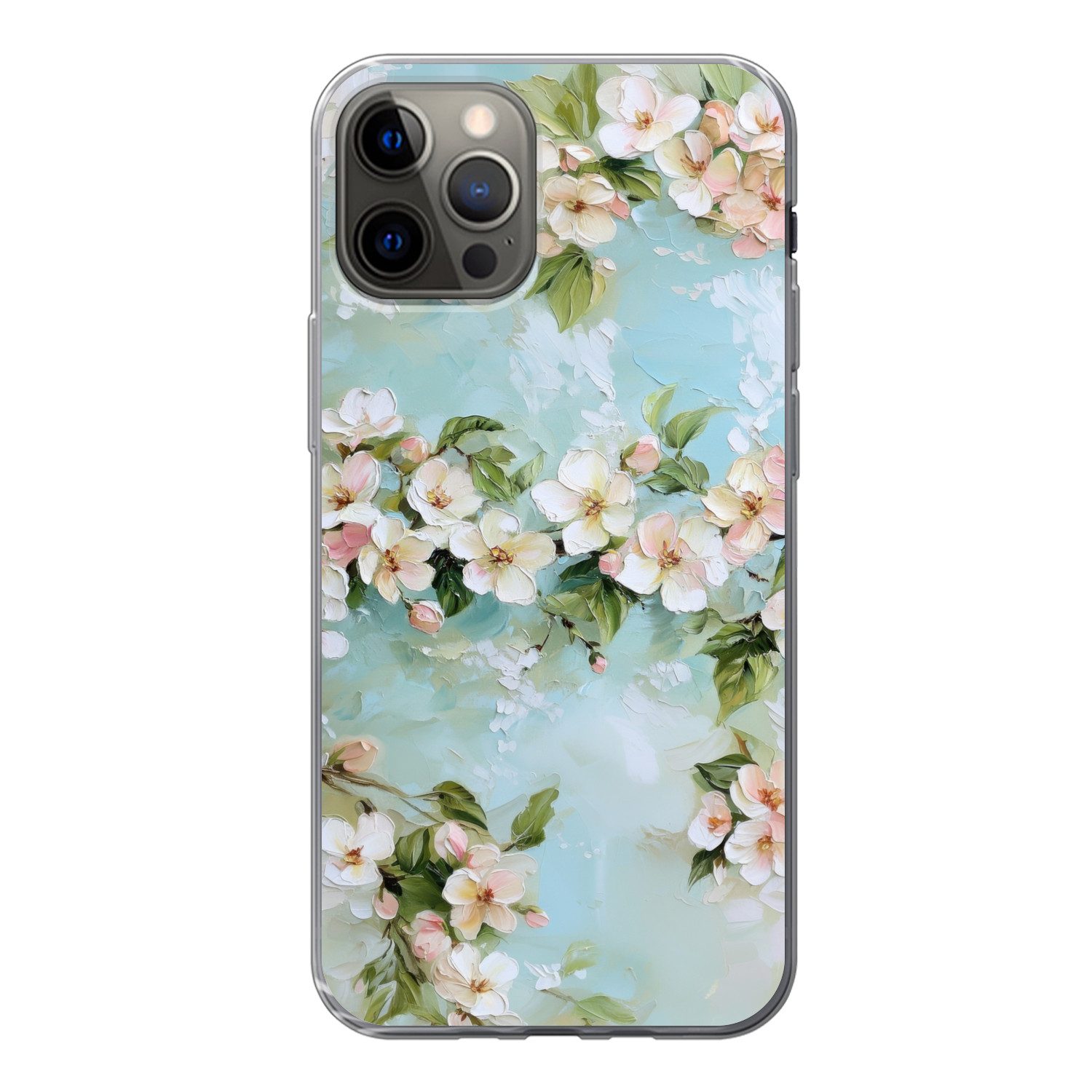 MuchoWow Handyhülle für Apple iPhone 12 Pro Blüte - Blätter - Hellblau, Smartphone-Bumper, Print, Handy Schutzhülle Dünn