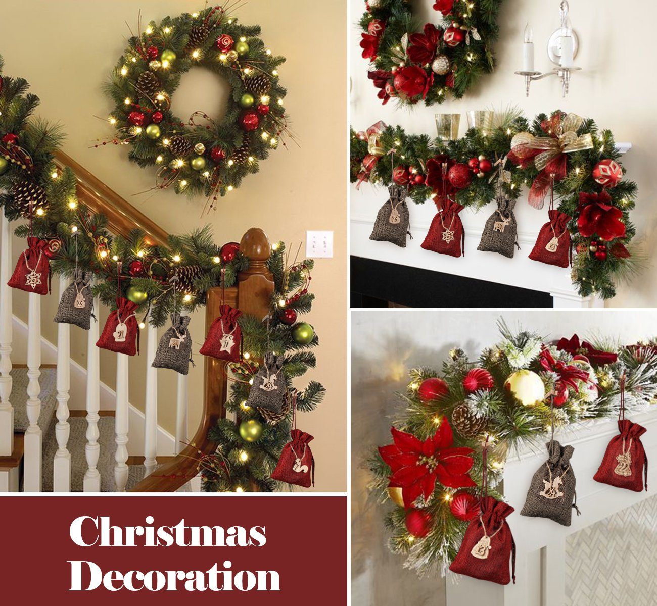 Homewit Christbaumschmuck DIY 1-24 Weihnachten Zahlen Adventskalender Holzanhänger Rot+Braun Geschenksäckchen (24-tlg), Stoffbeutel