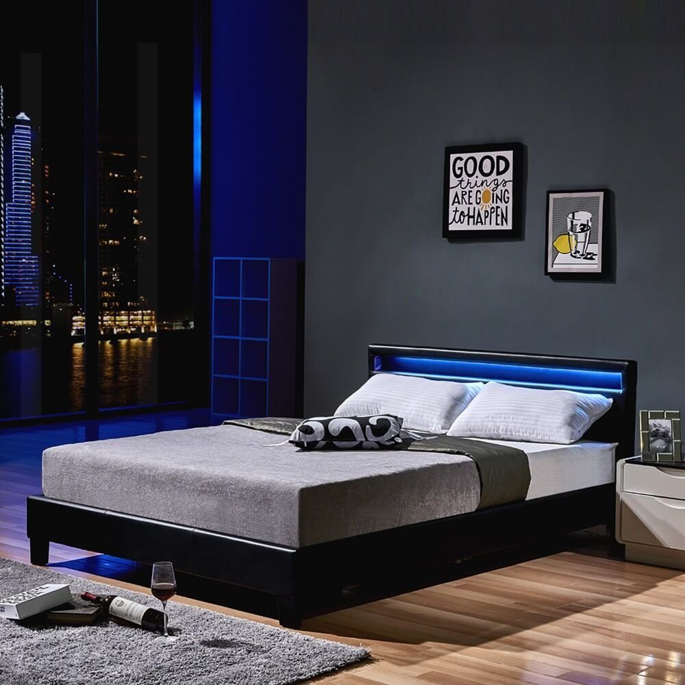HOME DELUXE Bett ASTRO - 90/140 (inklusive Lattenrost), großes gepolstertes Kopfteil, LED Bett, Jugendbett