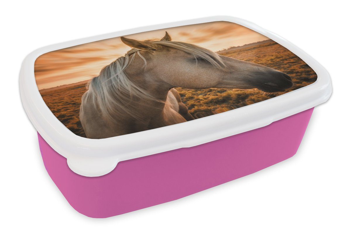 MuchoWow Lunchbox Pferd - Tiere - Porträt, Kunststoff, (2-tlg), Brotbox für Erwachsene, Brotdose Kinder, Snackbox, Mädchen, Kunststoff rosa