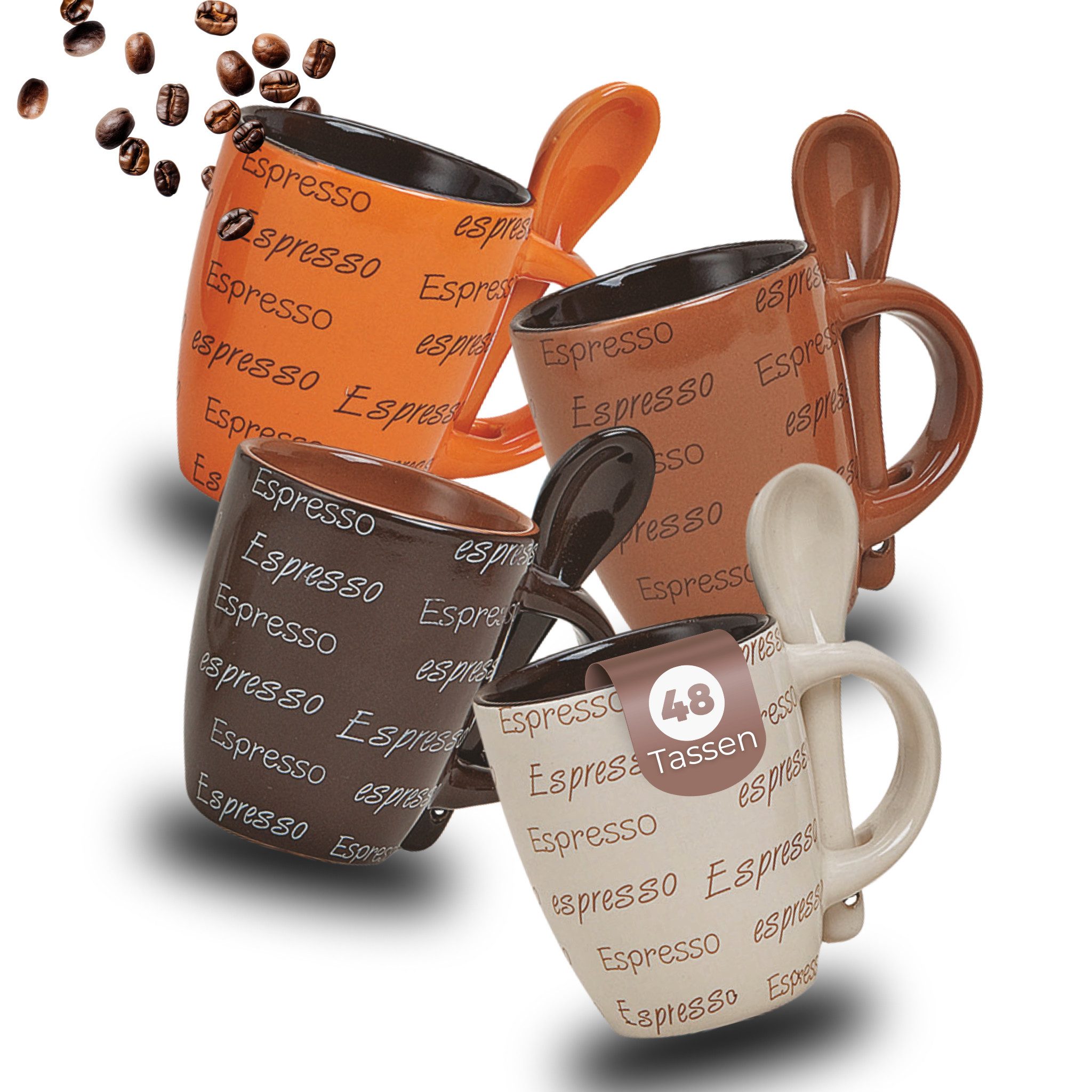matches21 HOME & HOBBY Tasse Espresso-Tassen mit Löffel 48 Stk. dickwandige Keramik, 50 ml, 48-tlg., Keramik, Kleine Vintage Henkel Kaffee-Tassen mit Spruch ohne Untertassen