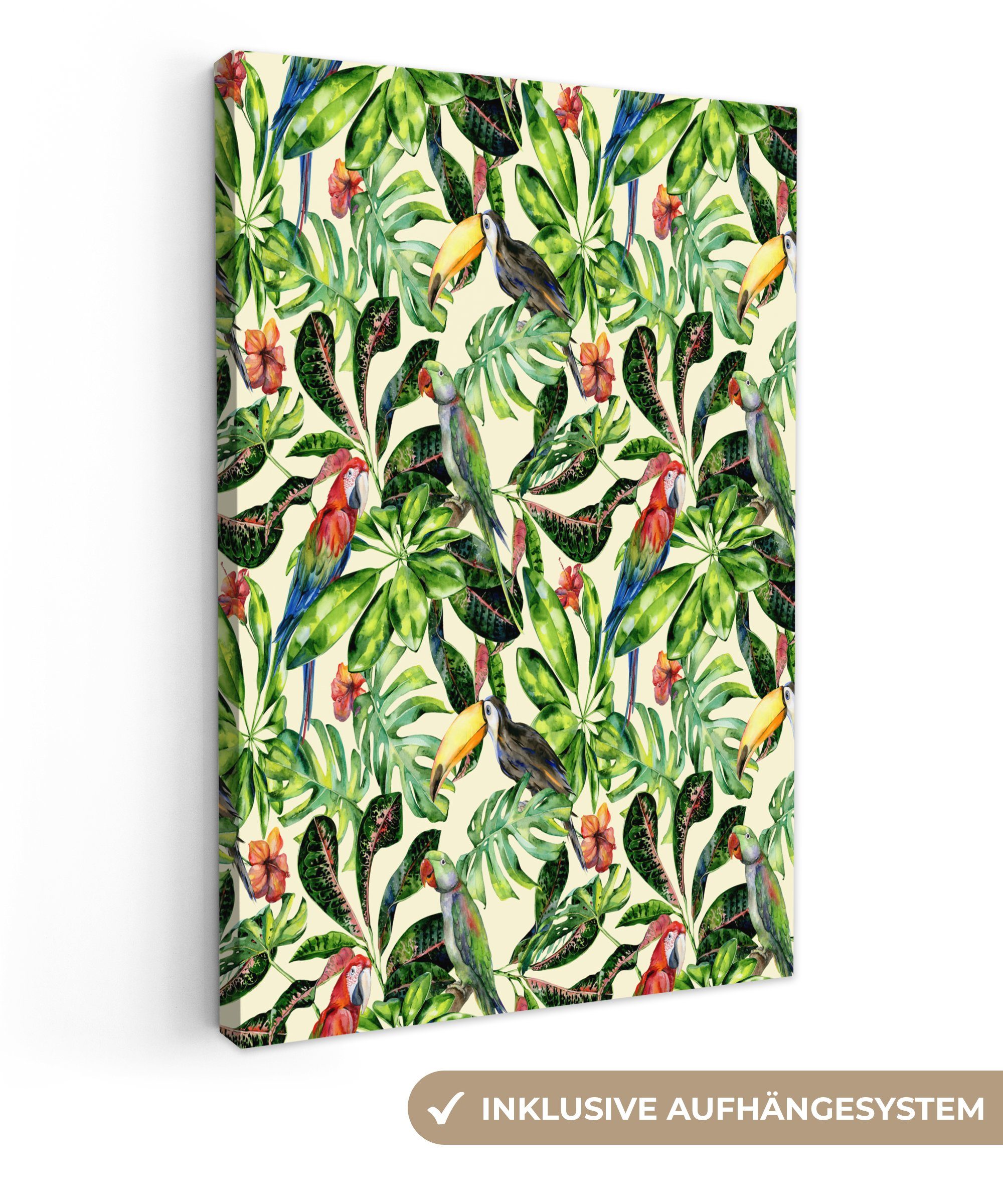 Zackenaufhänger, - Blätter, fertig inkl. cm Gemälde, OneMillionCanvasses® Vogel Leinwandbild (1 St), 20x30 - Leinwandbild Blumen bespannt