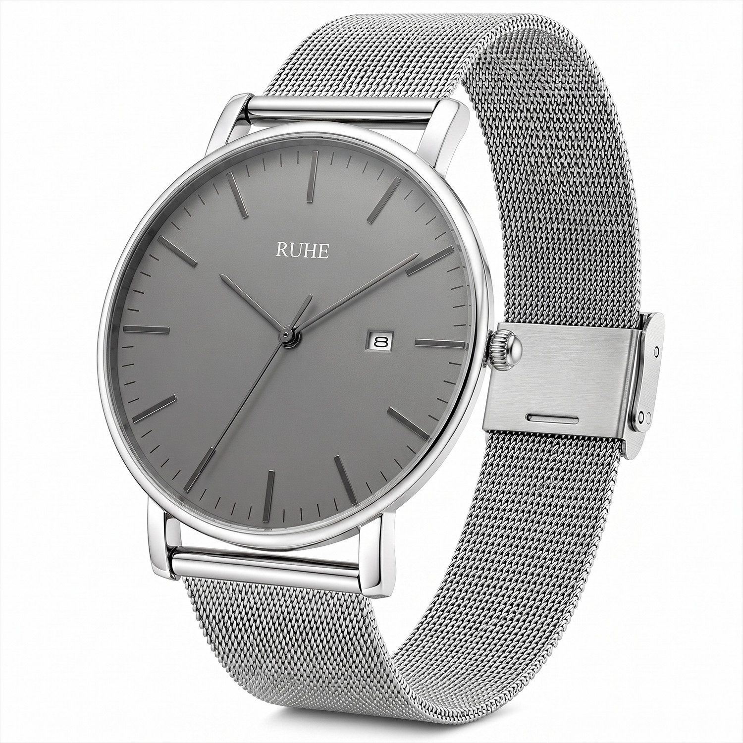 RUHE Quarzuhr Ultradünnes Mesh-Armband mit Edelstahlboden und Datumsanzeige RUHE Mesh, (Set, 1-tlg., Armbanduhr inklusive Geschenkbox), Ultradünn, Mesh-Armband, Datumsanzeige, Edelstahlboden, Geschenkbox