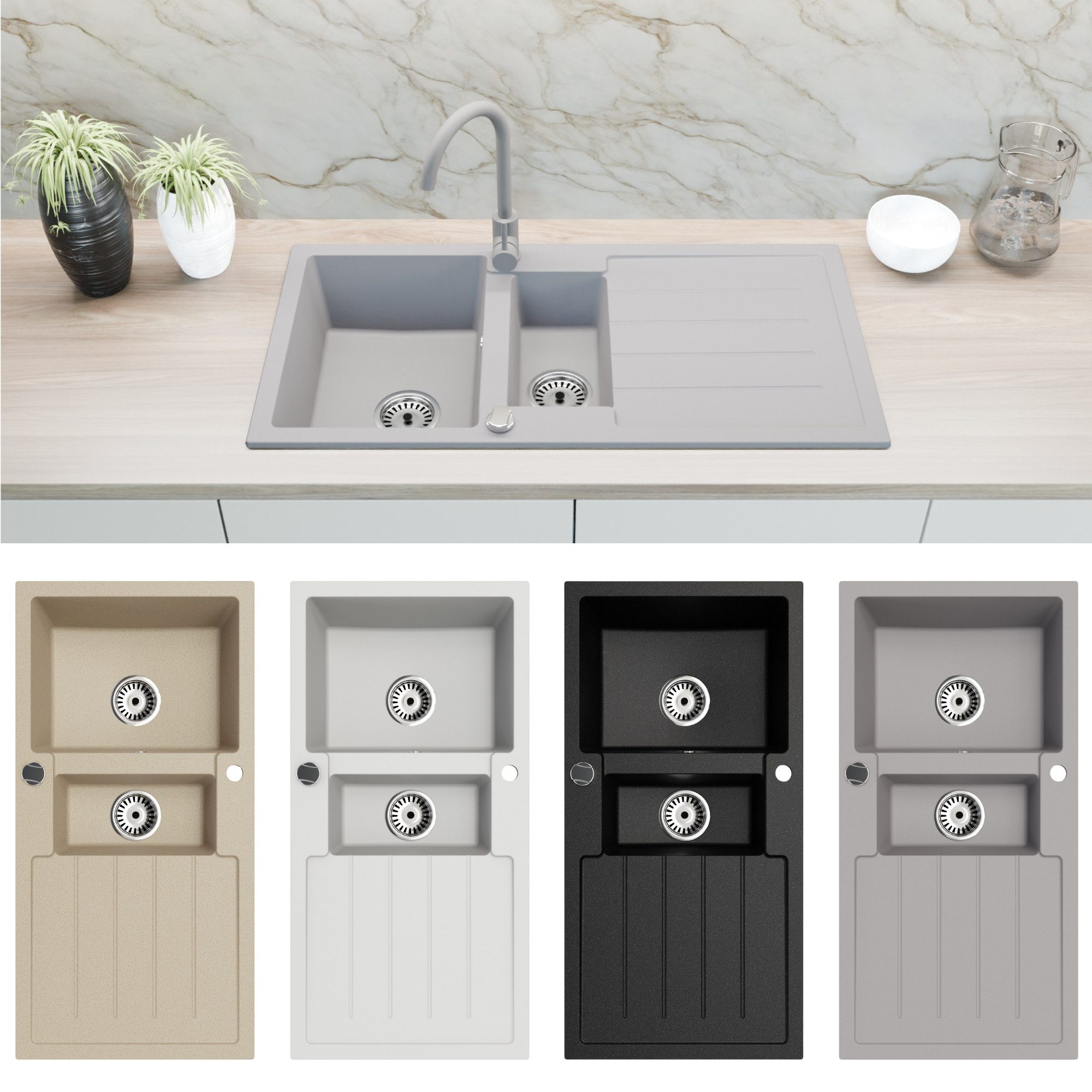 Faizee Möbel Granitspüle Granitspüle Spülbecken 100x50 cm 2 Becken inkl. Zubehör-Set Grau, Eckig, 100/17 cm, Küchenspüle Granit