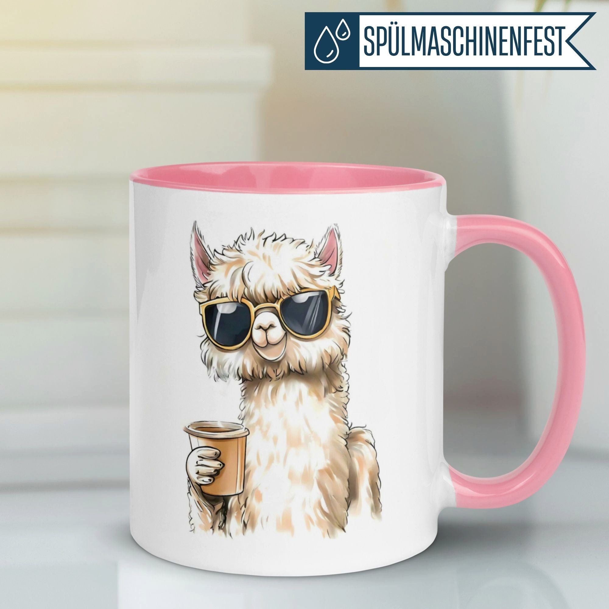 Momentals Tasse Alpaka – „Kaffee und Sonnenbrille“ – lustiger Geschenk Becher, Gratis Versand · Links-&Rechtshänder · Spülmaschinenfest