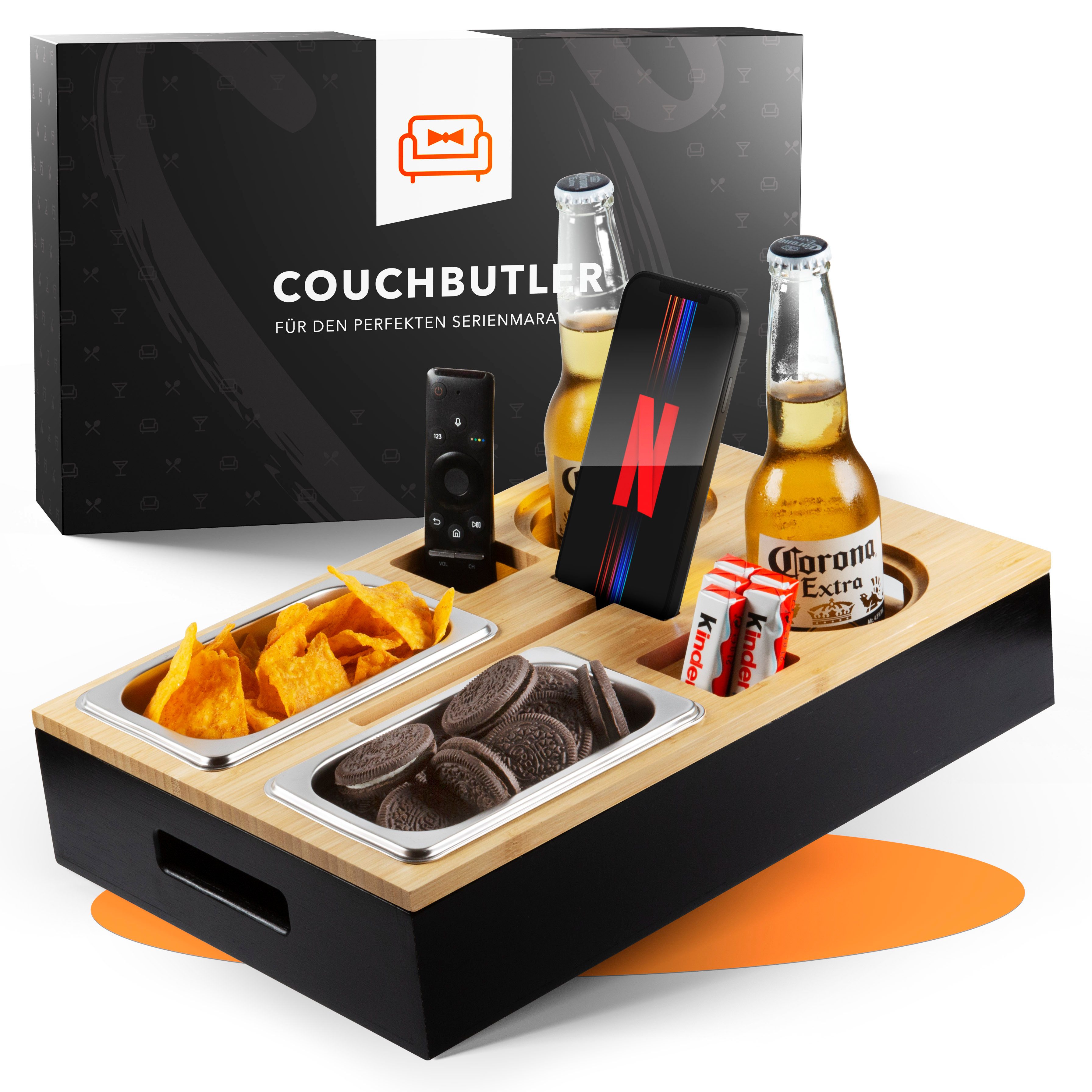 NewHabitat Servierplatte Couchbar Snackbox aus Bambus Personalisierbar inkl. Geschenkbox, Nicht Personalisiert, (Geschenkset, Couchbutler), Perfekt als Geschenk