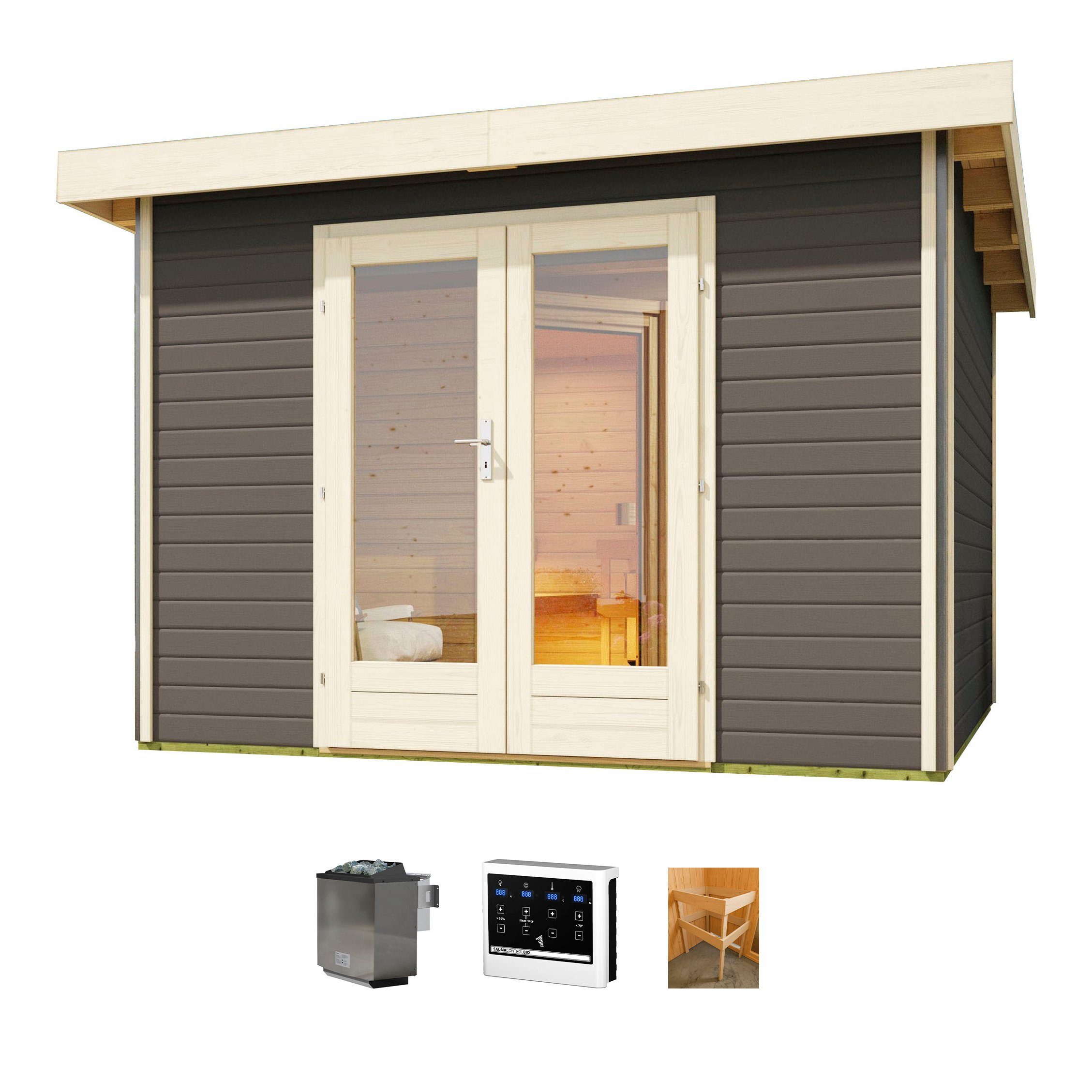 KONIFERA Saunahaus Maiko 1 SET B, BxTxH: 309 x 309 x 229,5 cm, 38 mm, terragrau, mit Ofen 9 kW Bio externer Steuerung