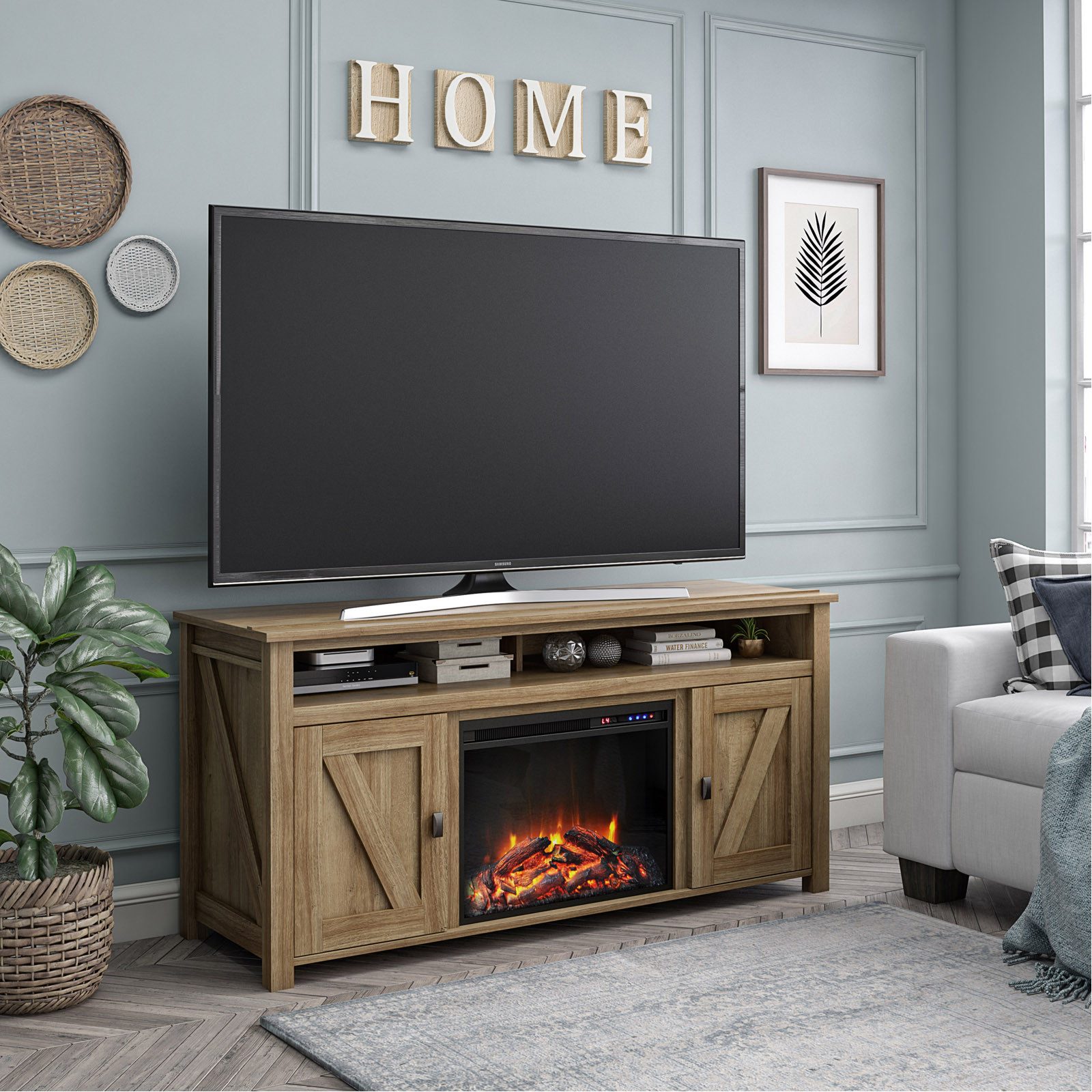 loft24 Kaminumbauschrank Farmington - Sideboard TV-Lowboard Elektrokamin Fernsehschrank 2 Türen, offene Fächer, Landhausstil