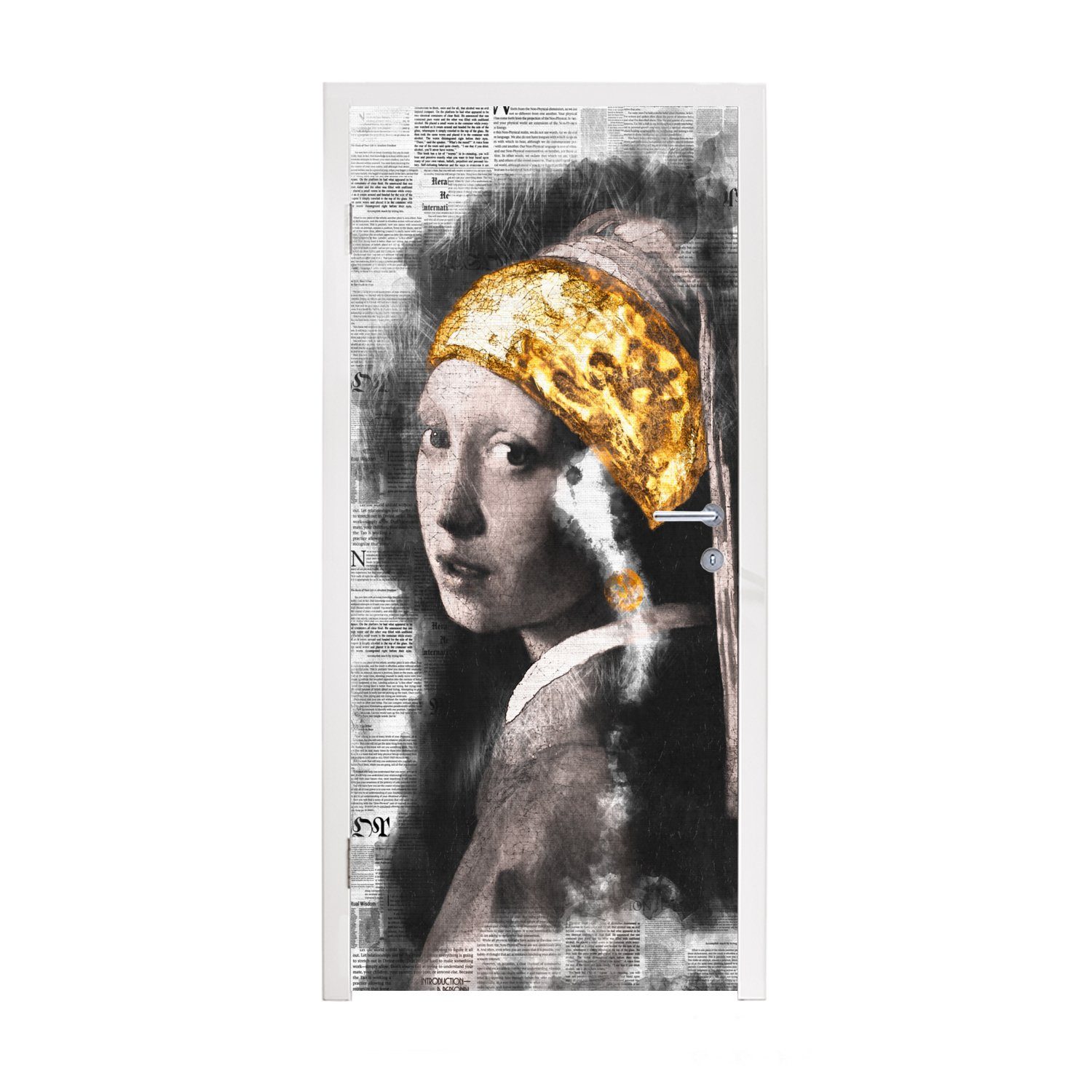 MuchoWow Türtapete Mädchen mit bedruckt, - Tür, Matt, für Fototapete Perlenohrring - Aquarell, Gold St), 75x205 (1 cm Türaufkleber