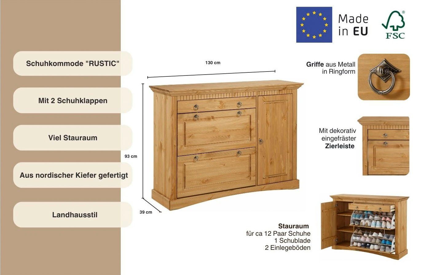 OTTO home Schuhkommode Rustic, Kommode, Landausstil (Bis max. Schuhgröße 42), aus massiver Kiefer, Breite 130 cm, für ca. 2 x 12 Paar Schuhe
