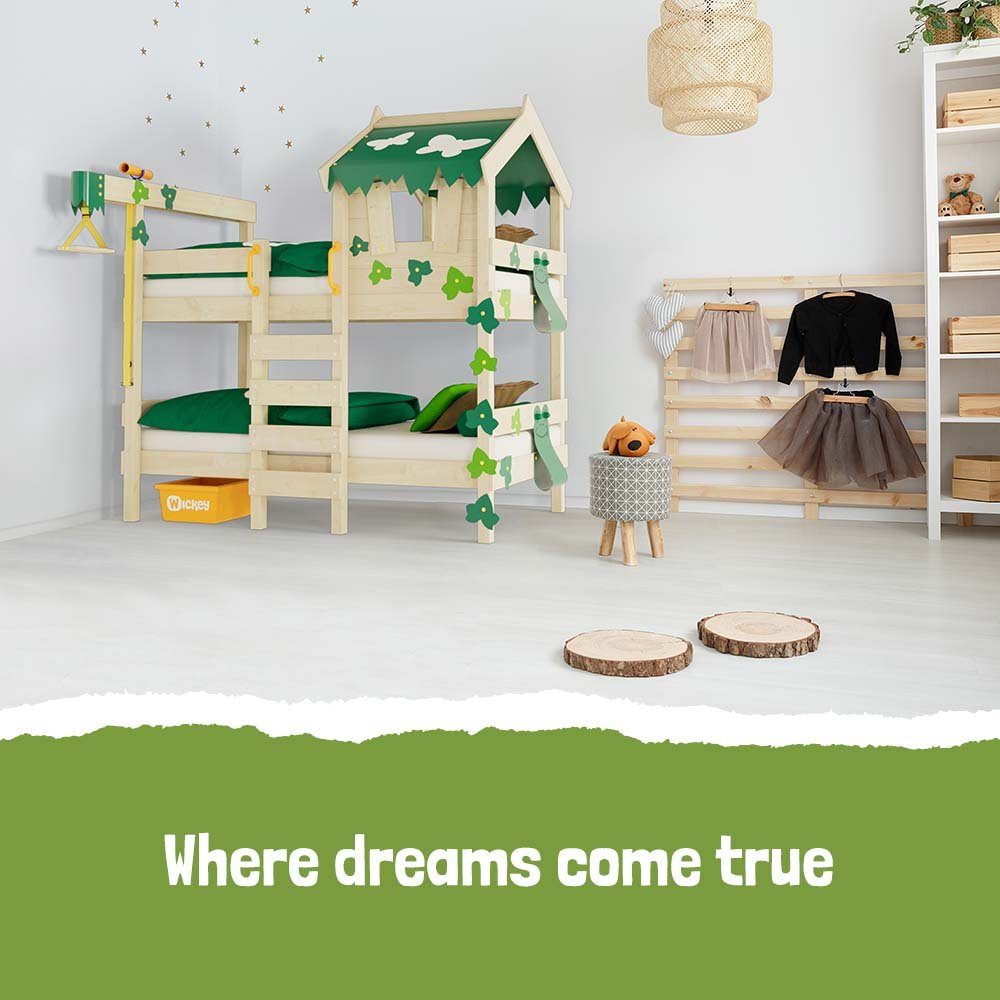 Wickey Kinderbett Crazy Ivy Etagenbett 90x200 aus Massivholz mit Dach und Leiter (Holzpaket aus Pfosten und Brettern, Spielbett für Kinder), Massivholzbrett