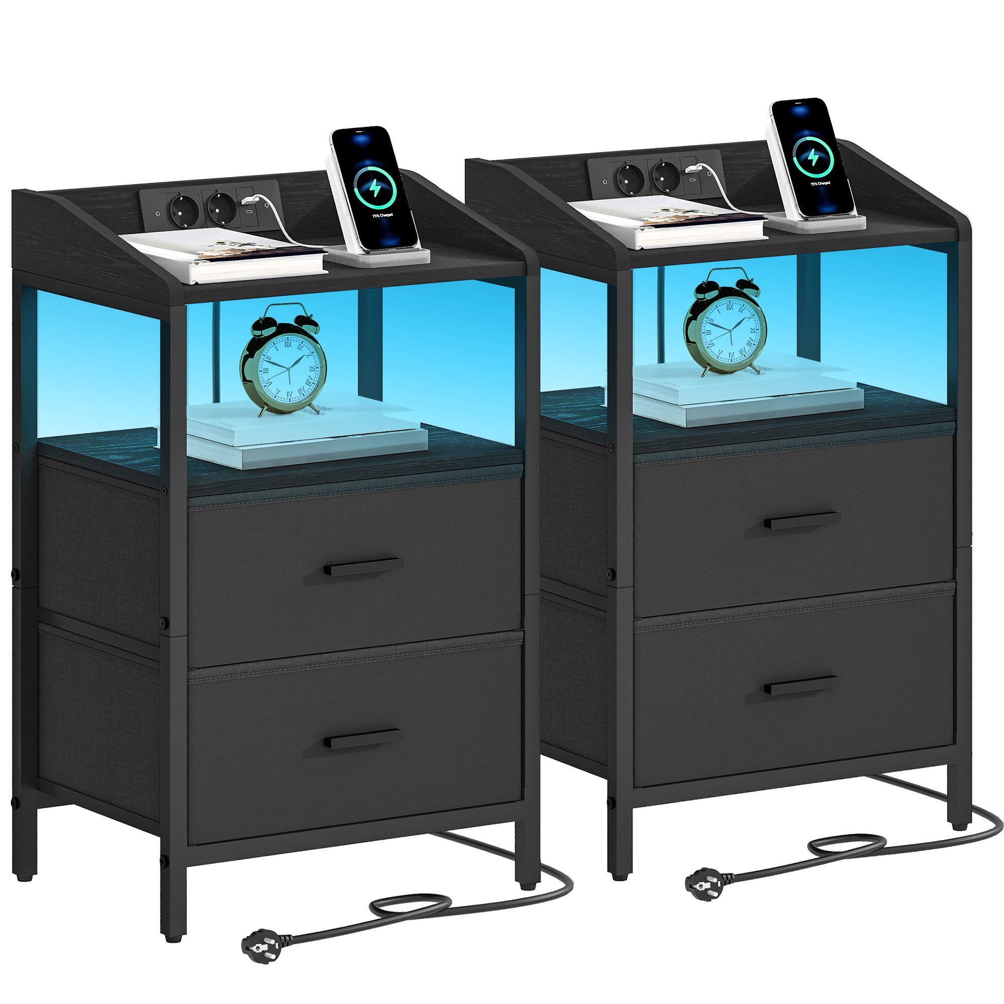 HZUANERI Nachttisch mit LED-Licht USB-Anschlüssen Steckdosen 2 Stoffschubla günstig online kaufen