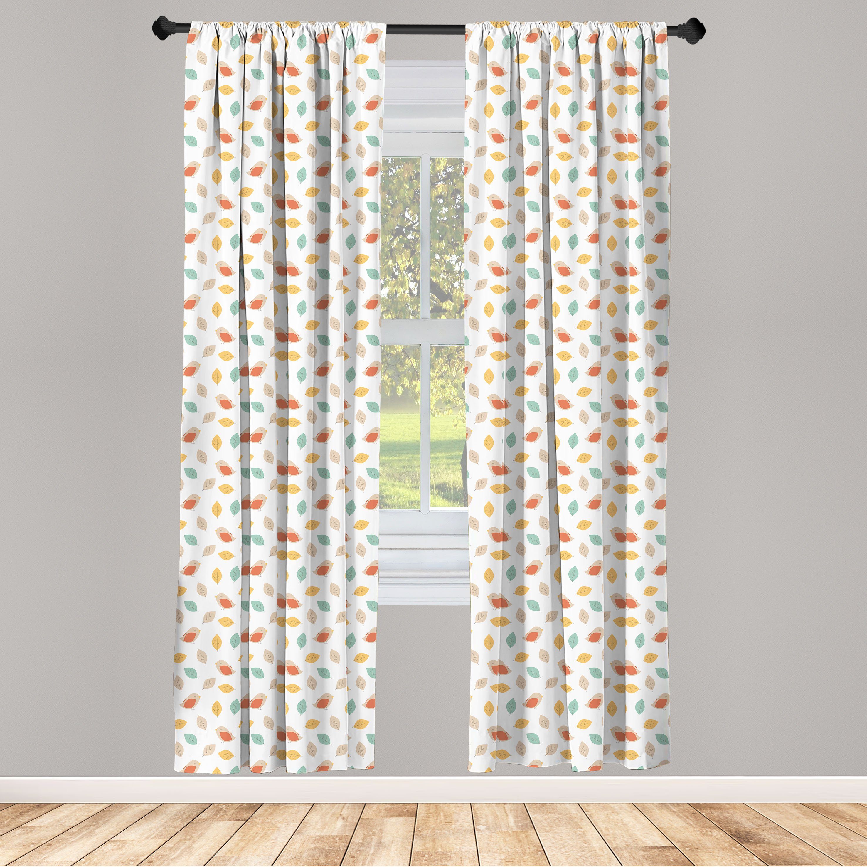 Gardine Vorhang für Wohnzimmer Schlafzimmer Dekor, Abakuhaus, Microfaser, Herbst Pastell Blätter und kleine Vögel