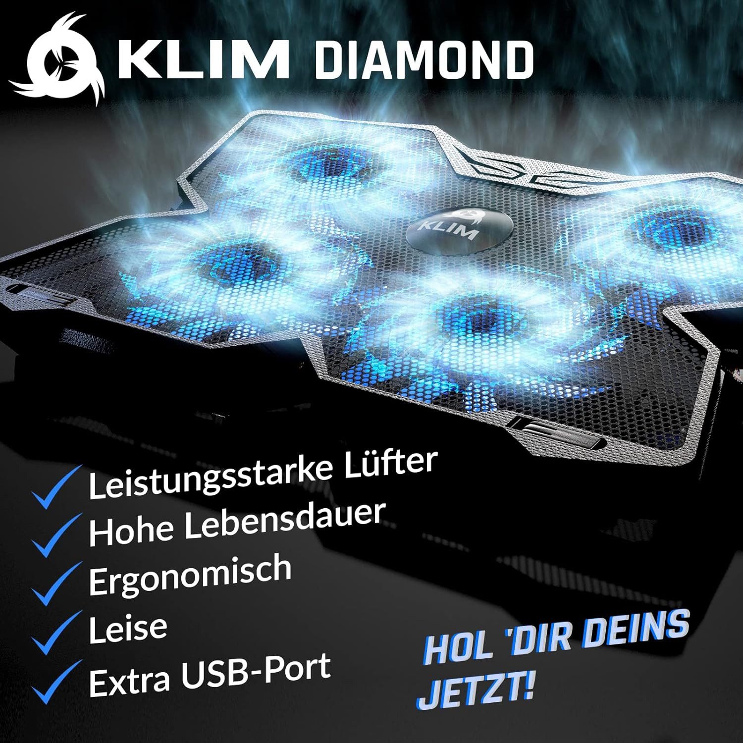 KLIM Notebook-Kühler Diamond, mit 4 Lüftern, geeignet für 17,3 / 18 / 19 Zoll Laptop