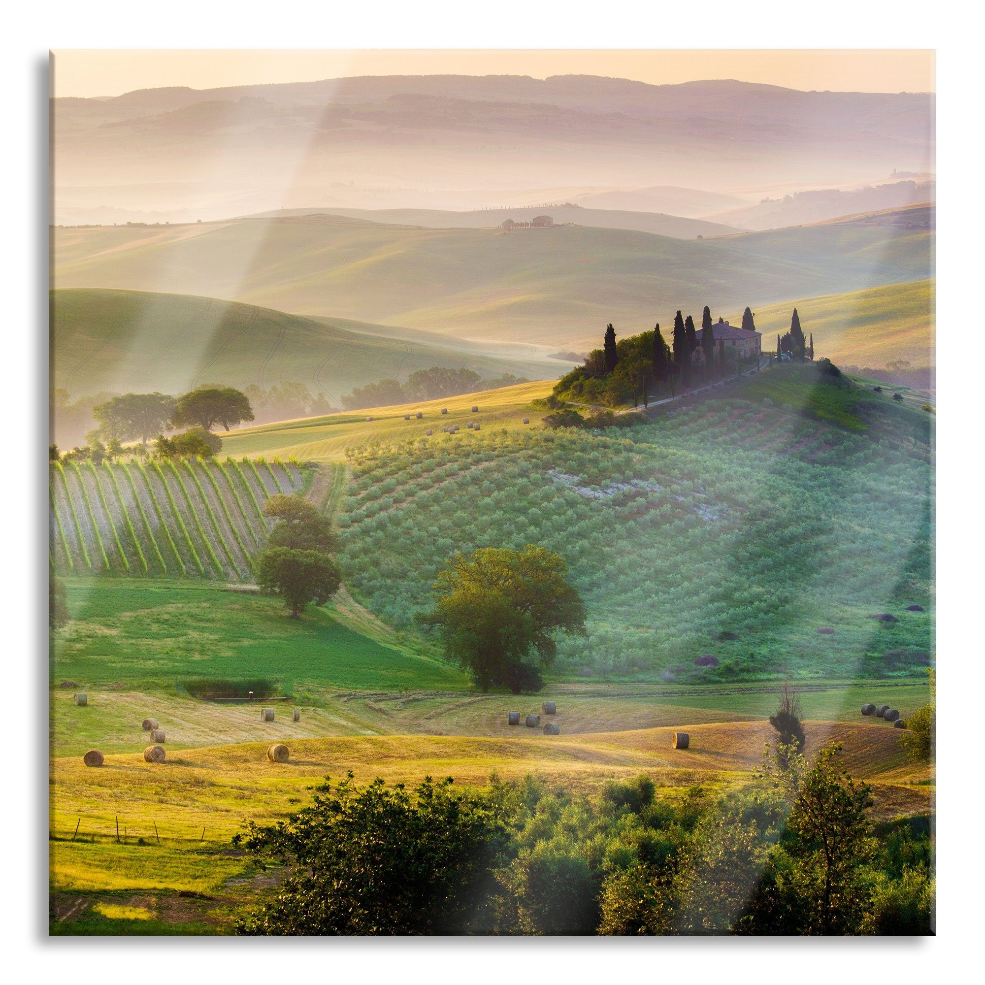 Glasbild Pixxprint St), Glasbild inkl. (1 Landschaft, Toskana Abstandshalter aus Aufhängungen Landschaft Toskana und Echtglas,