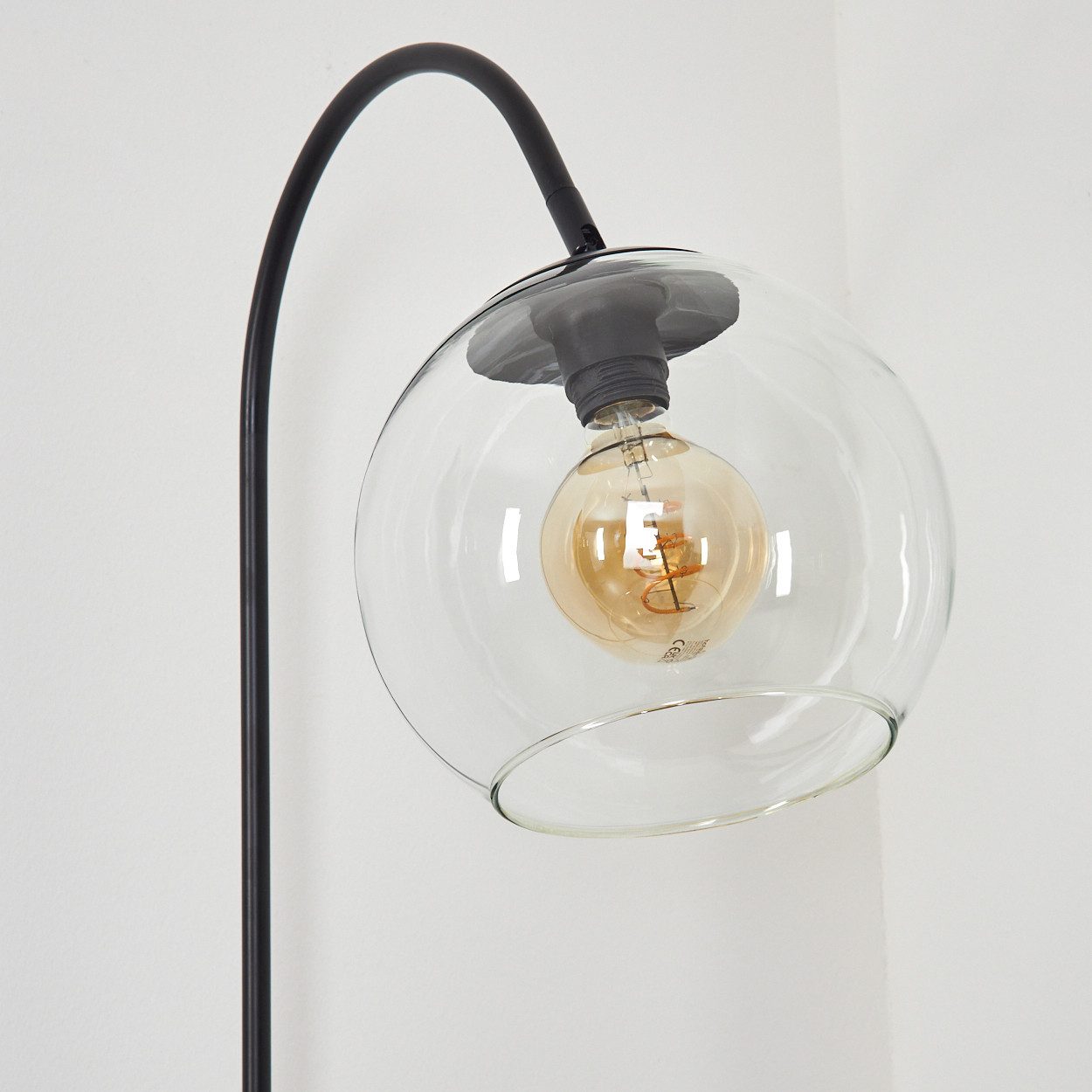 hofstein Bogenlampe Stehlampe aus Metall/Glas in Schwarz/Klar, ohne Leuchtmittel, moderne Retro Leuchte mit Glasschirmen (25 cm) u. Fußschalter, 1xE27