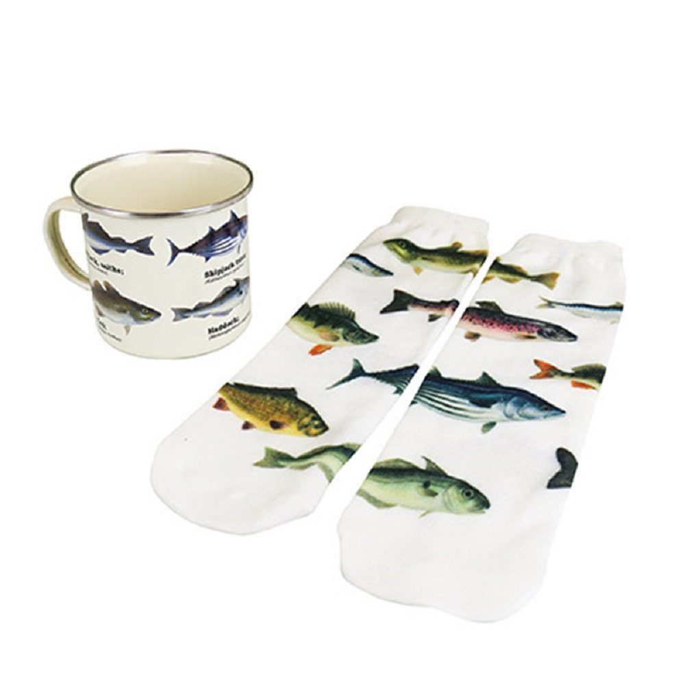 GIFT REPUBLIC Socken Fisch & Kaffeebecher im Set (Box, 1-Paar, maritimes Design) + Kaffeepott ca. Ø 9,5 x 9 cm, für 500 ml