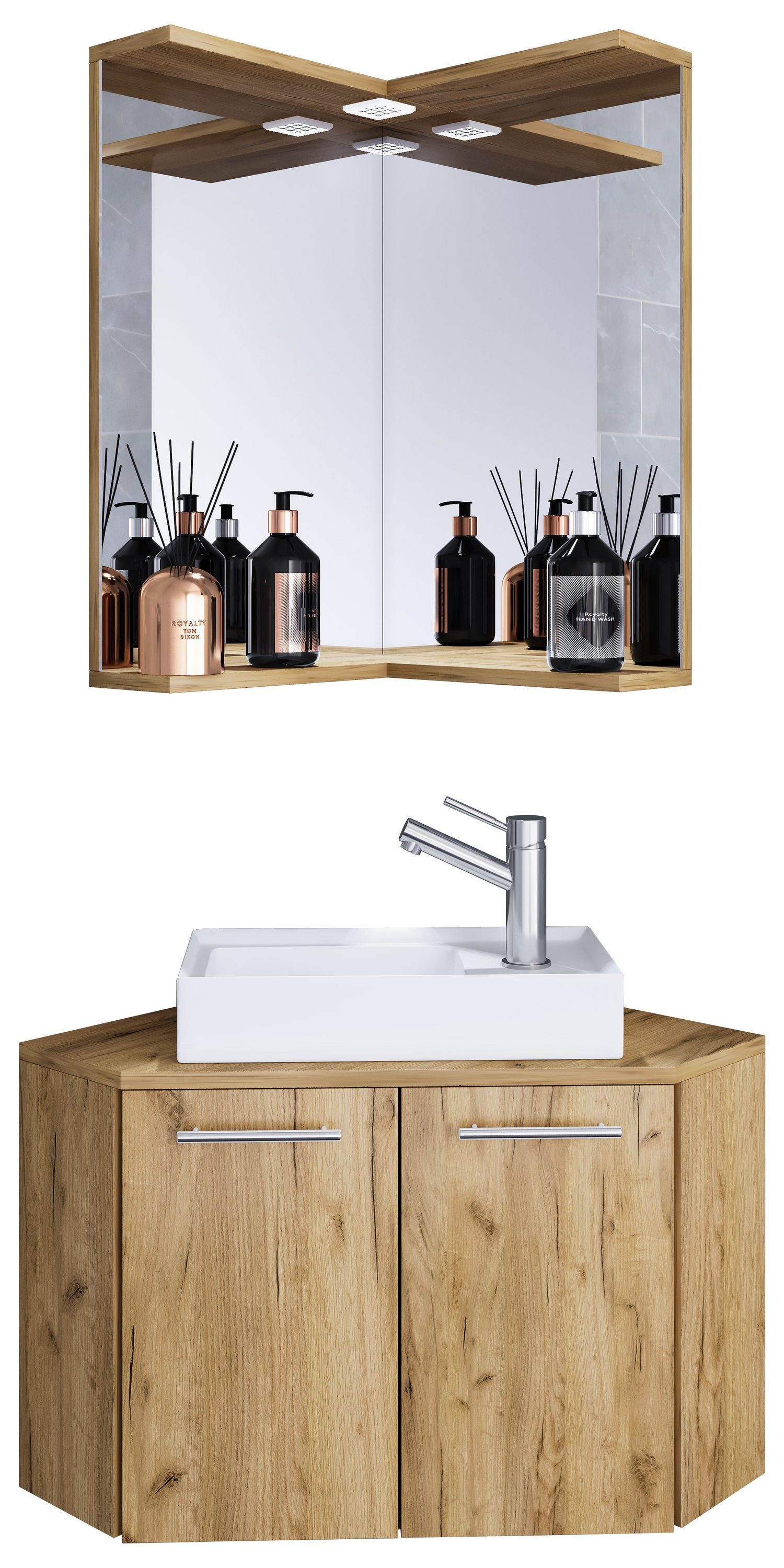 VCM Badmöbel-Set Vilosa 3er Set B. 50 x T. 50 x H. 95 cm, (Komplett-Set, 3-St., 1x Unterschrank 1x Waschbecken 1x Spiegel), Waschplatz mit viel Ablagefläche, für Gästebäder, 1 Fächer, Drehtüren