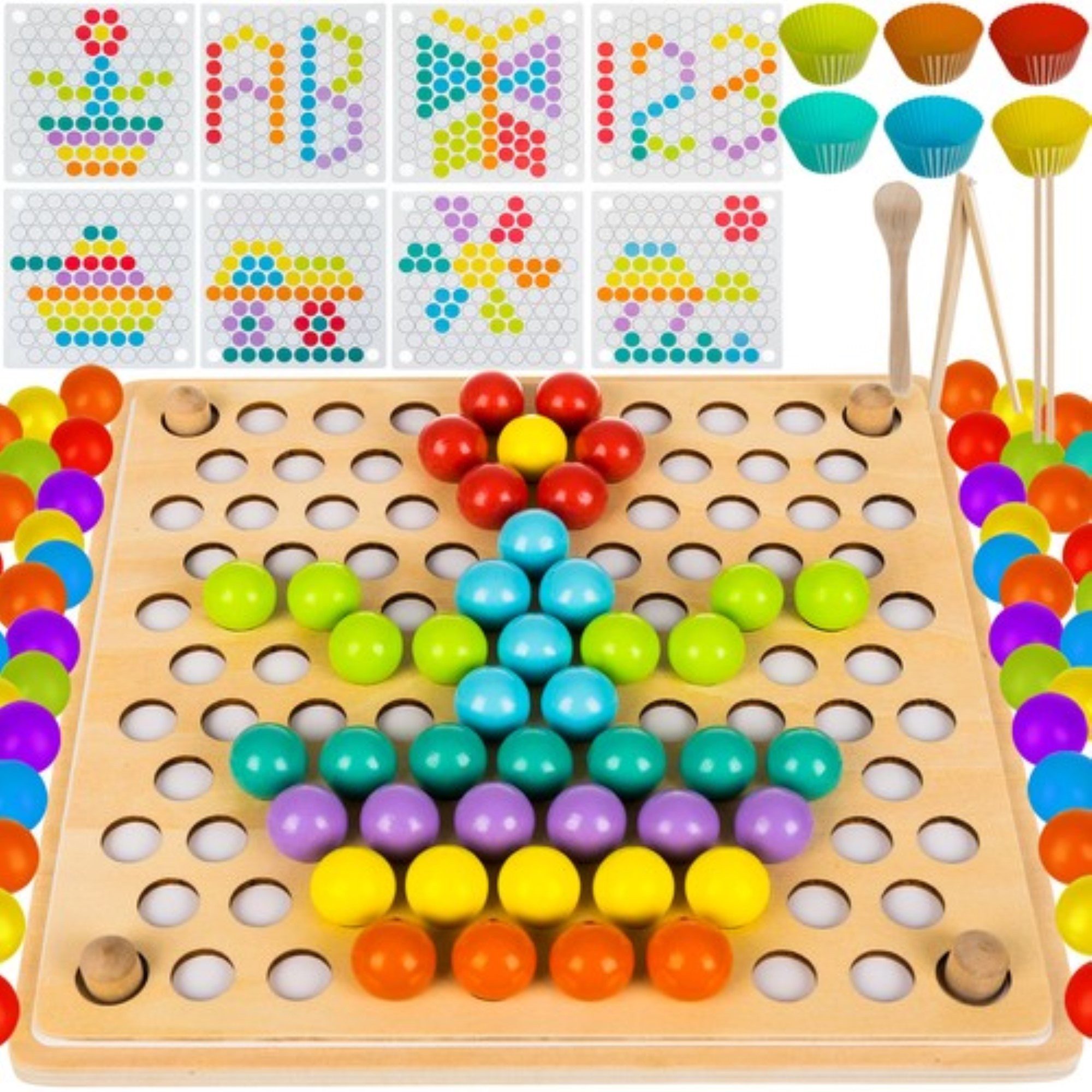 KRUZZEL Lernspielzeug Bunte Perlenholz-Puzzle-Set - Kreatives Lernspielzeug für Kinder. (Holzpuzzle-Set, Holzplanke, Schablonen, Formen, Bälle, Löffel, Zange, Stöcke), Förderung manueller Fähigkeiten und Auge-Hand-Koordination.