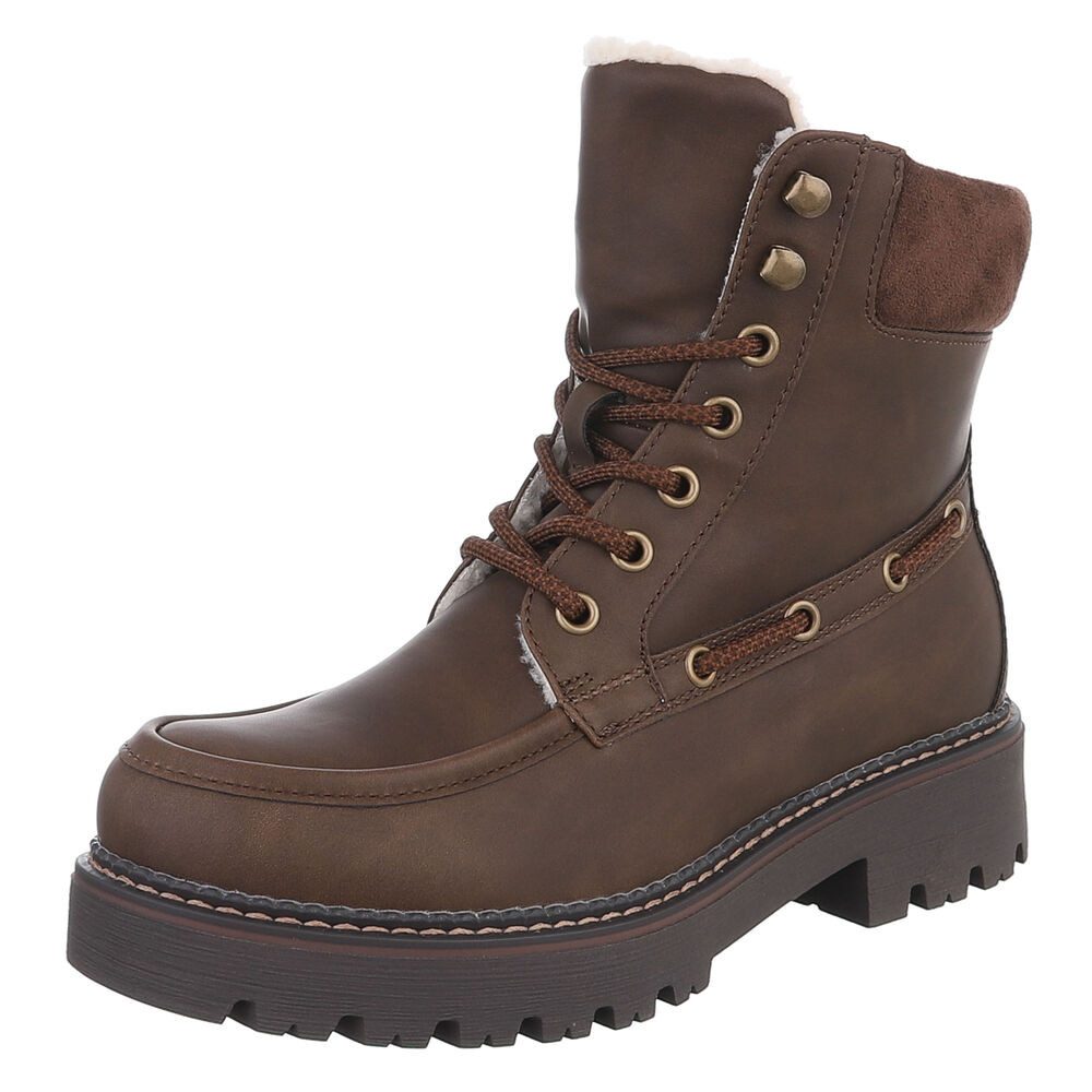 Ital-Design Damen Schnürstiefel mit Profilsohle und Reißverschluss Snowboots (92299797) Blockabsatz Plateaustiefeletten in Braun