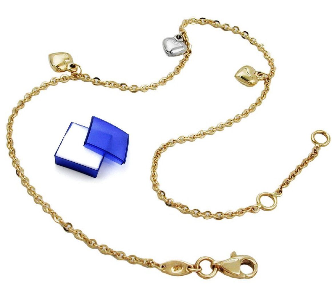 unbespielt Fußkette Fußkette 1,7 mm Ankerkette mit 3 Herzen bicolor 375 Gold 25 cm, Goldschmuck für Damen