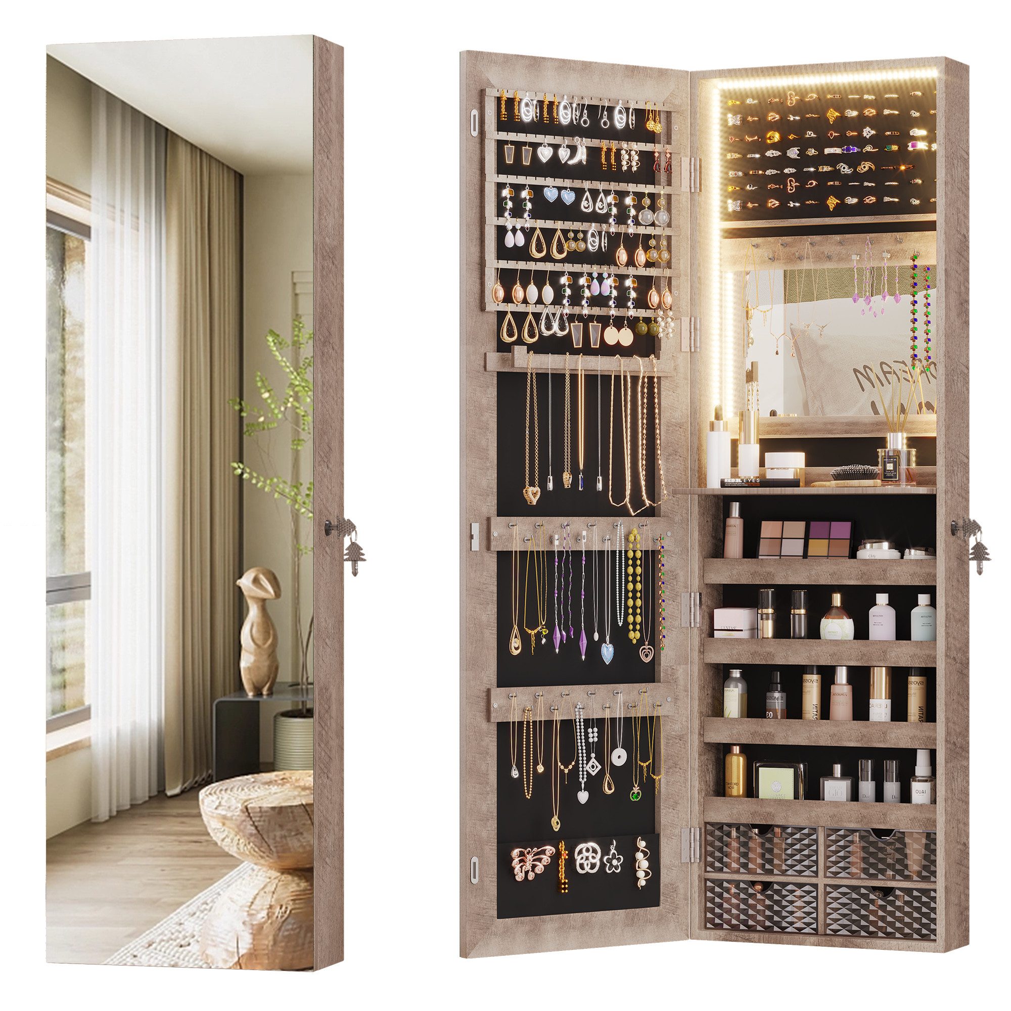 Schmuckschrank mit Spiegel, Hängend und Abschließbar, Tür- und Wandspiegel