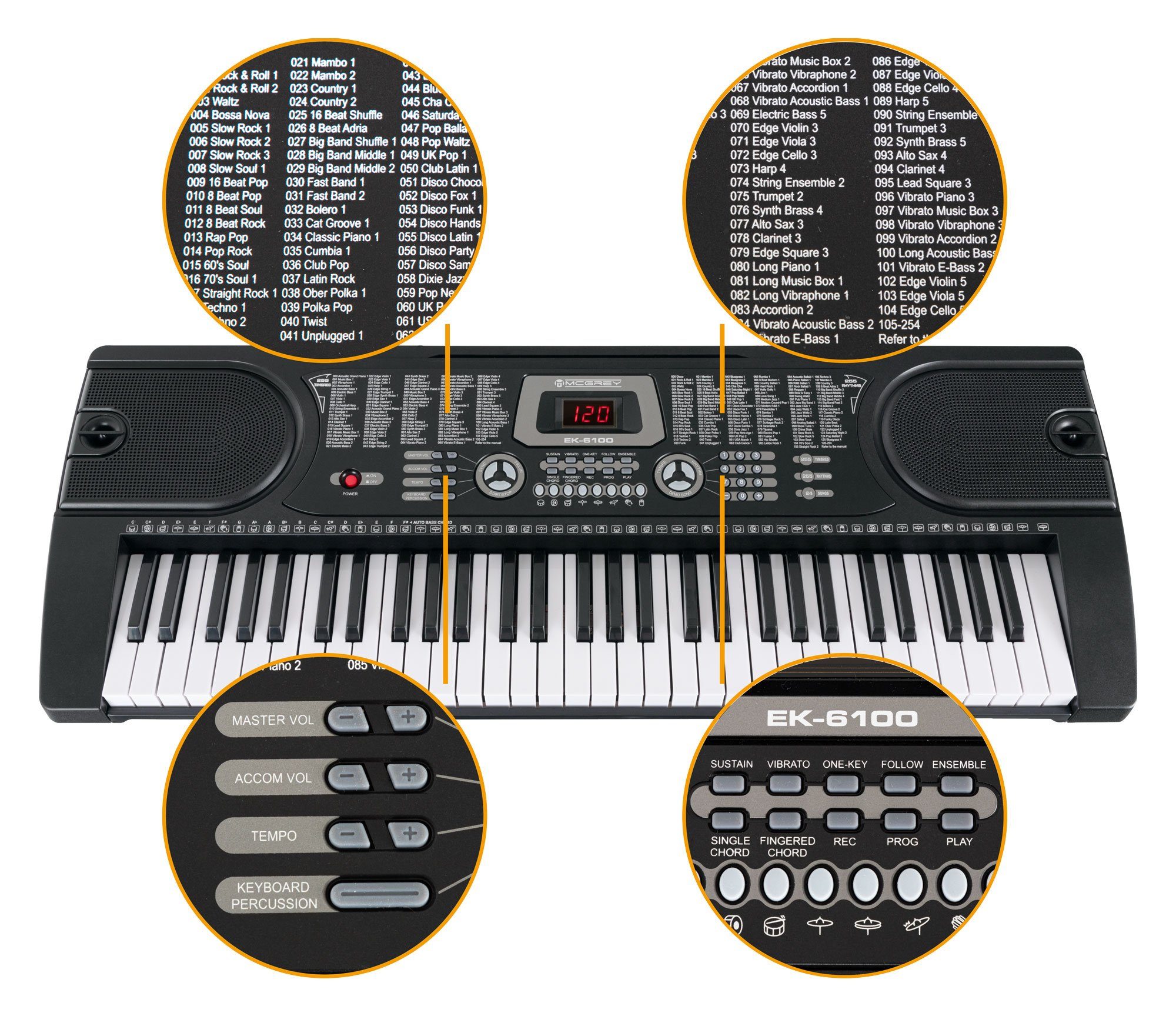 McGrey Home-Keyboard EK-6100 - 61 Tasten Einsteiger-Keyboard (inkl. Keyboard & Mikrofon), 255 Klänge und Begleitrhythmen und Lernfuktionen