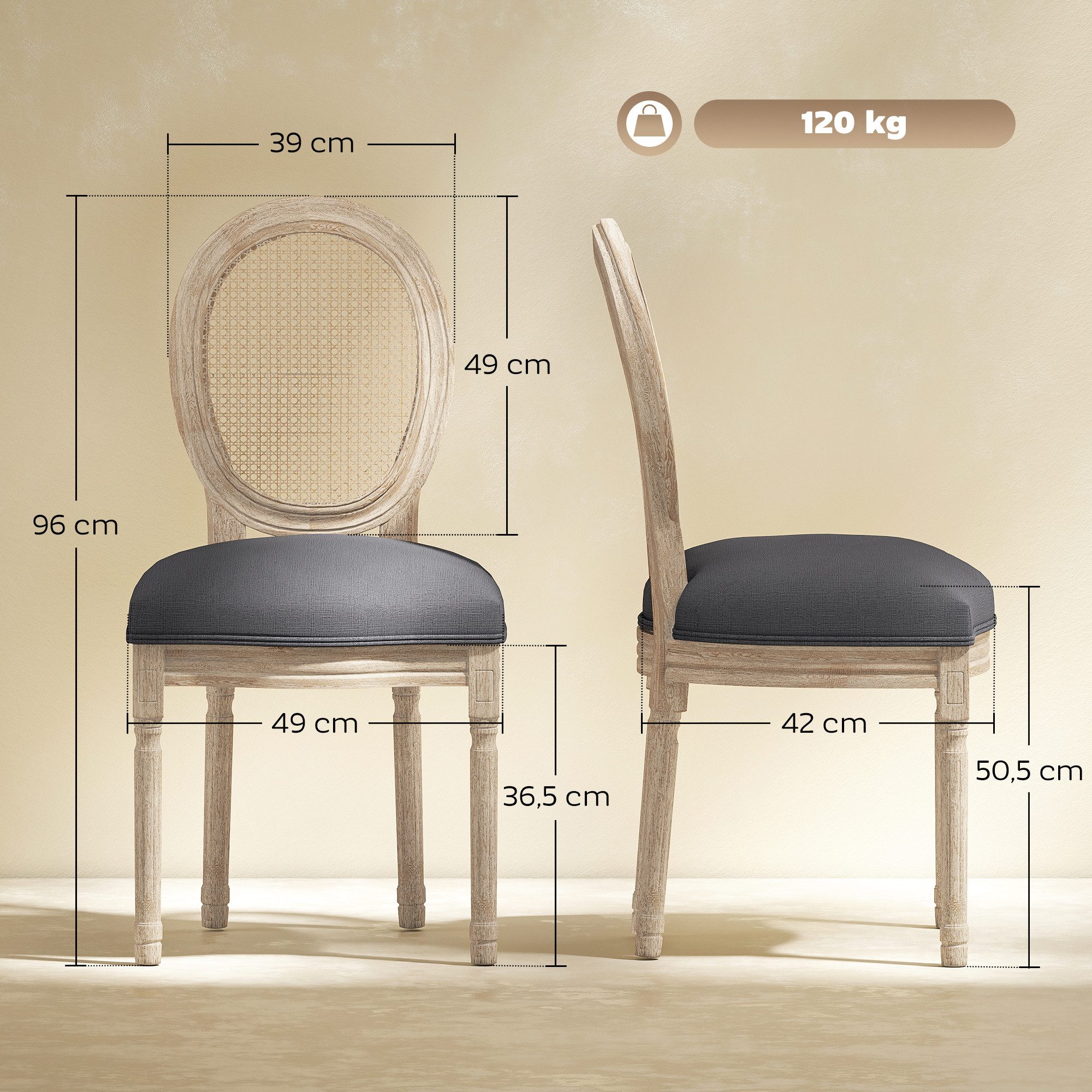 HOMCOM Esszimmerstuhl Küchenstuhl mit Rattan-Rückenlehne, Leinenoptik (Gepolsterter Polsterstuhl, 2 St), im Französischen Stil, für Wohnzimmer, Esszimmer, Grau