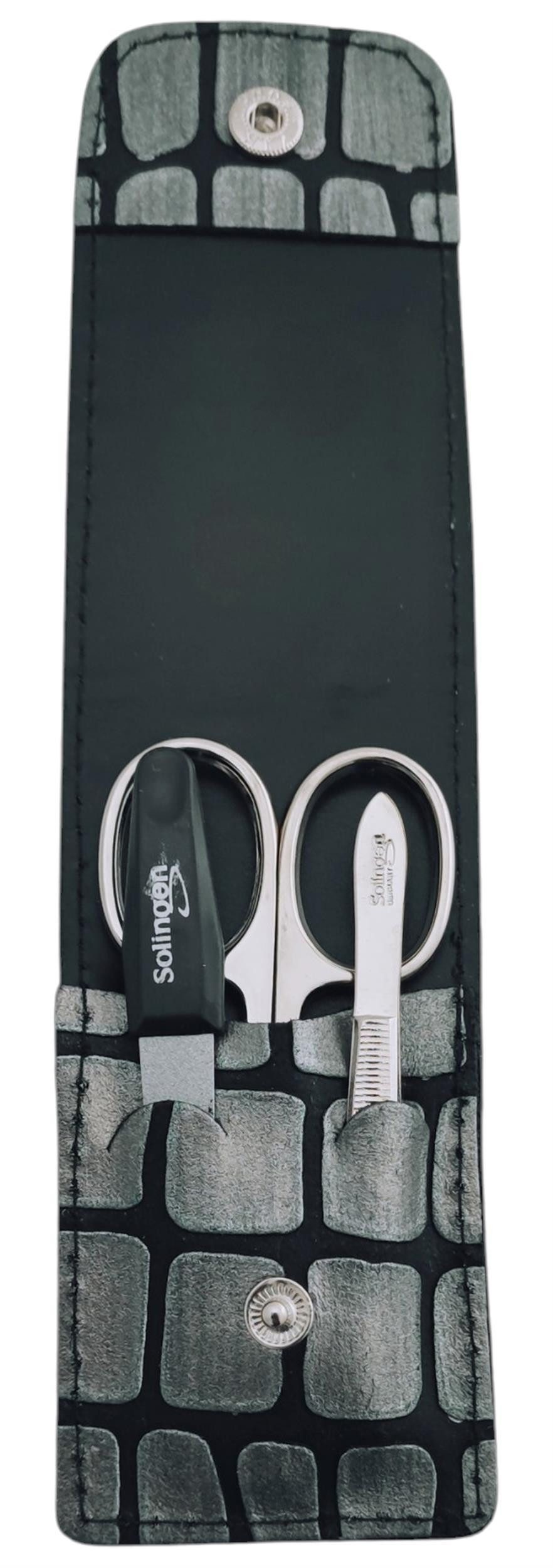 EloModa Maniküre-Kosmetik-Etui Solingen Maniküre Set 3-teilig – Nagelschere, Pinzette & Saphirfeile, 3 tlg., Nagelpflege Set, Tier Muster Echtleder Etui, Made in Germany