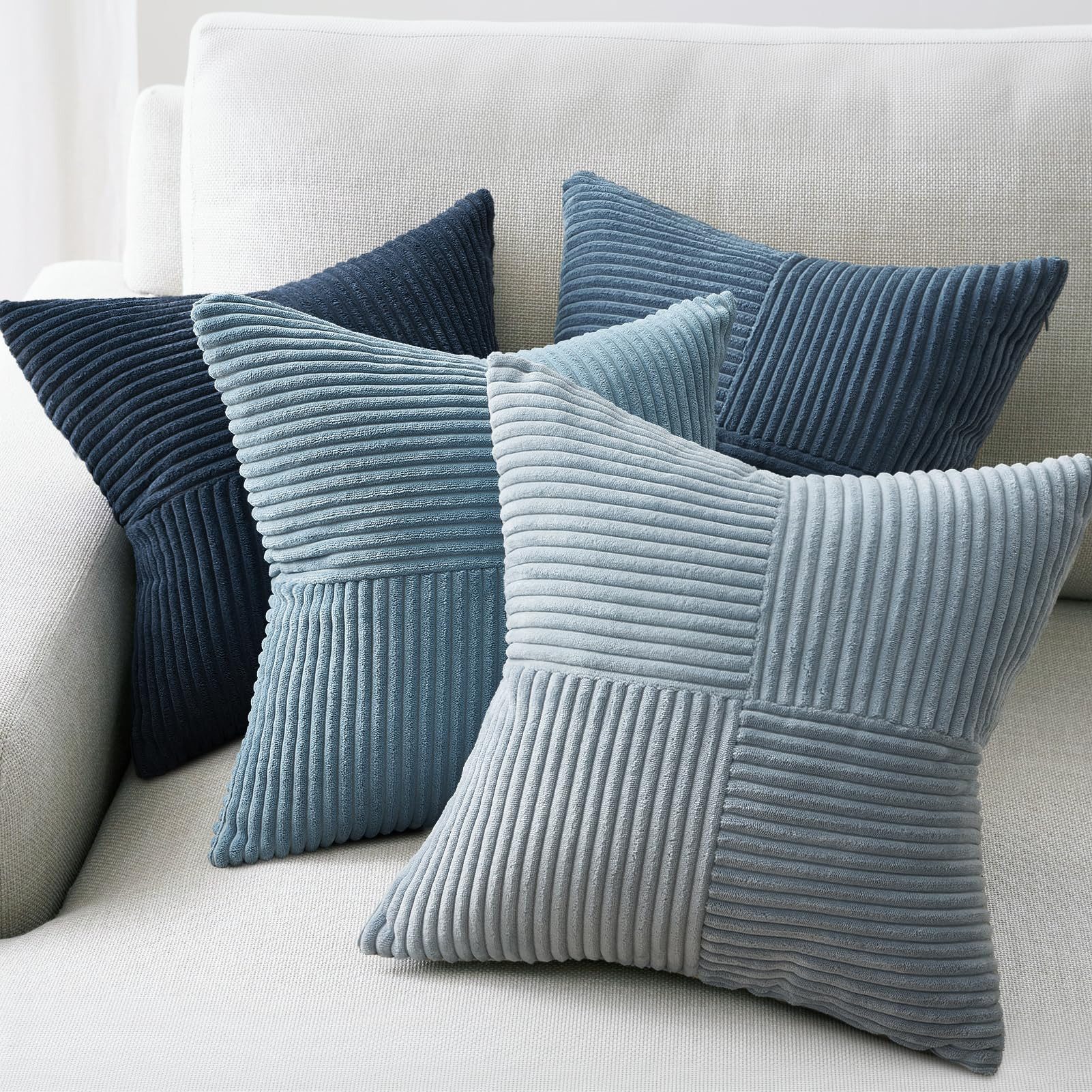 Topfinel Kissenbezug 40x40 4er set Kissenbezüge 50x50 Kordsamt mit Streifen deko Sofa, kissenbezug Blau-Grau Farbverlauf Schlafzimmer Weich Hautfreundlich