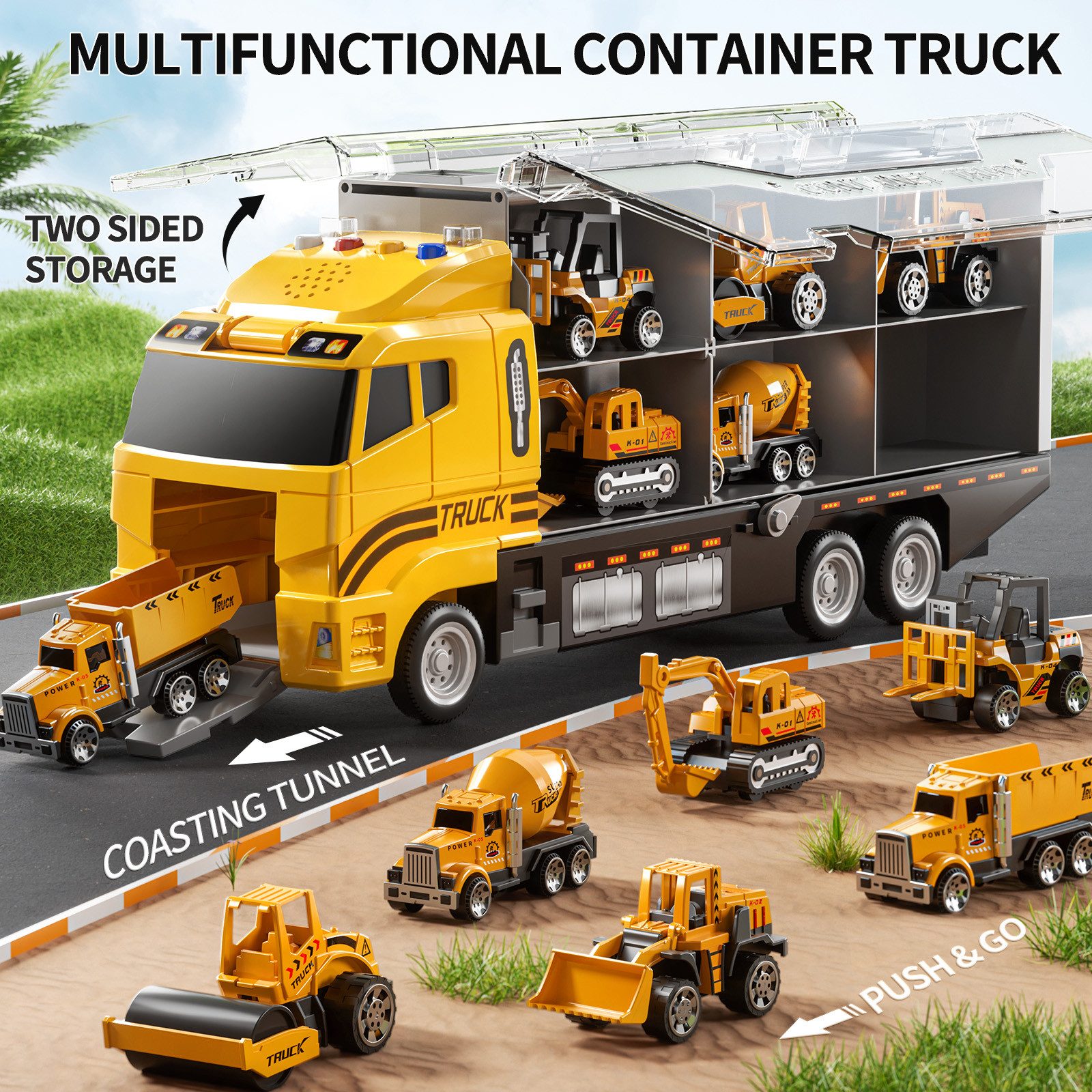 Snaen Spielzeug-Auto Druckguss Baustellen Spielzeug Set mit LKW & Spielmatte, (Set, 1 Spielzeugtransportfahrzeug,6 Mini Toy Cars,1 Game Pad), mit Licht und Sound, Anhänger abnehmbar