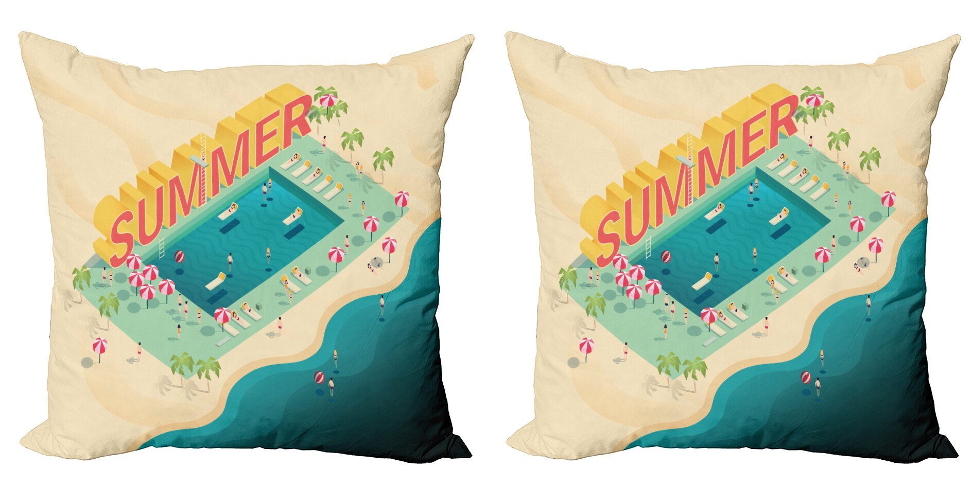 Kissenbezüge Modern Accent Doppelseitiger Digitaldruck, Abakuhaus (2 Stück), Pool-Party Sommer-Strand-Ozean-Spaß | Kissenbezüge