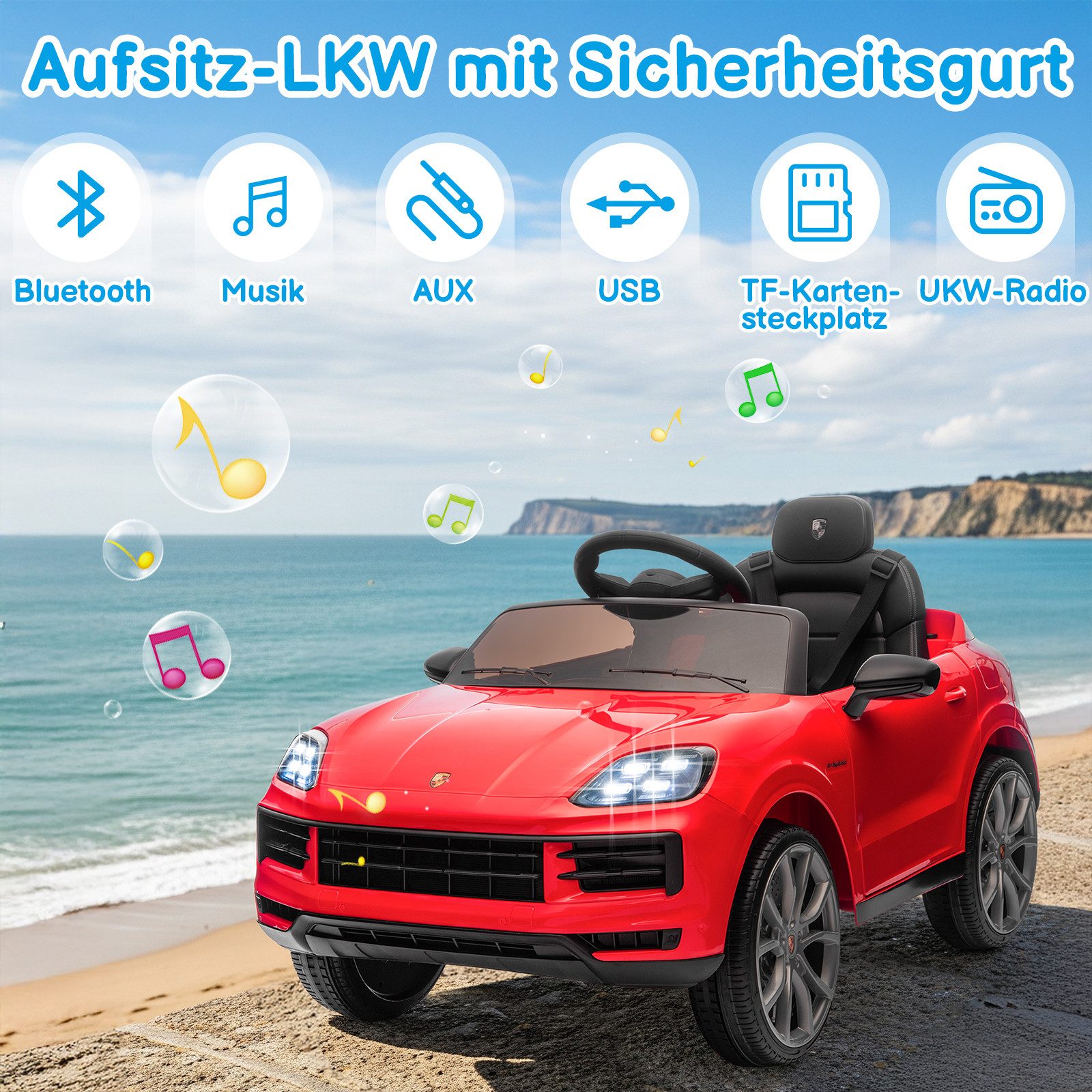 LALAHO Elektro-Kinderauto Kinder Elektroauto Porsche Cayenne Geländewagen Fernsteuerung, 2,4G-Fernbedienung, mit MP3, Musik, Hupe, LED-Leuchten