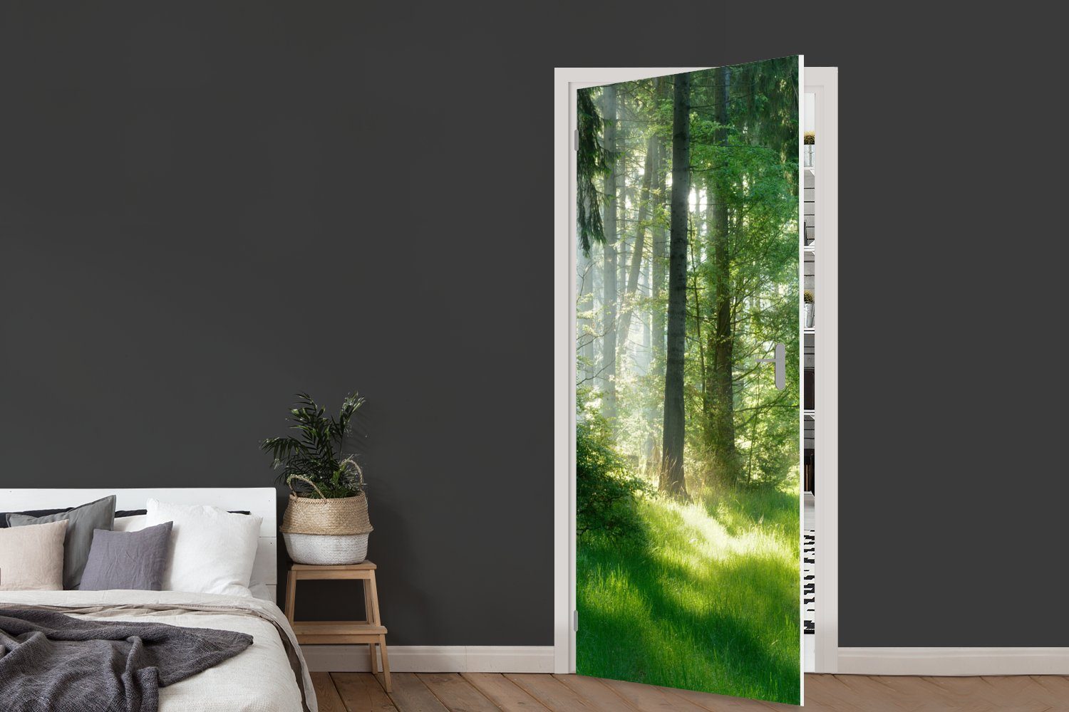 bedruckt, Gras - Sonne - Grün Pflanzen, Tür, Wald Türtapete MuchoWow - Natur Fototapete - Türaufkleber, für St), - - 75x205 (1 Matt, Bäume cm