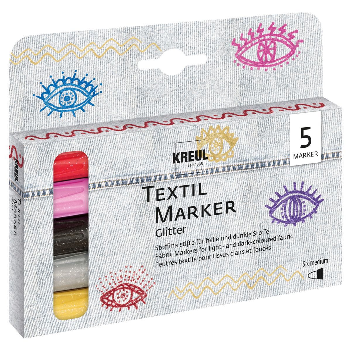 C. KREUL Textilmarker KREUL Textilmarker Glitter medium 2-4mm 5 Stück Kartonetui
