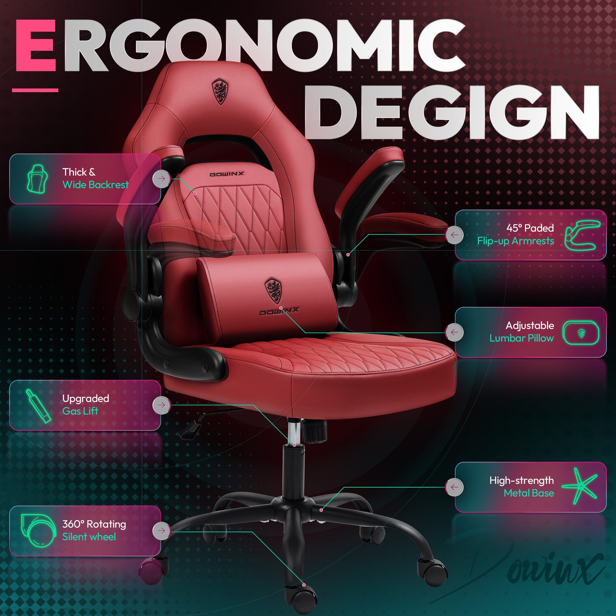 Dowinx Gaming-Stuhl Downix Gaming-Stuhl – höhenverstellbar, Fußstütze, bis 300 lbs (Spar-Set), Tragkraft 300 Pfund, verstellbar und mit hochklappbaren Armlehnen