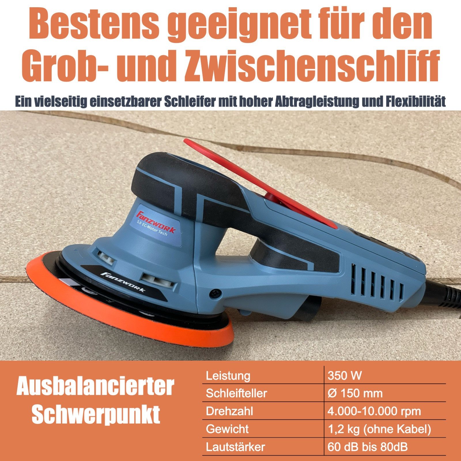 Fanzwork Exzenterschleifer 350W bürstenloser EC-Motor mit 150mm Schleifteller, 5mm Schleifhub, Vibrationsarm und wartungsfrei – Bild 4 von 5