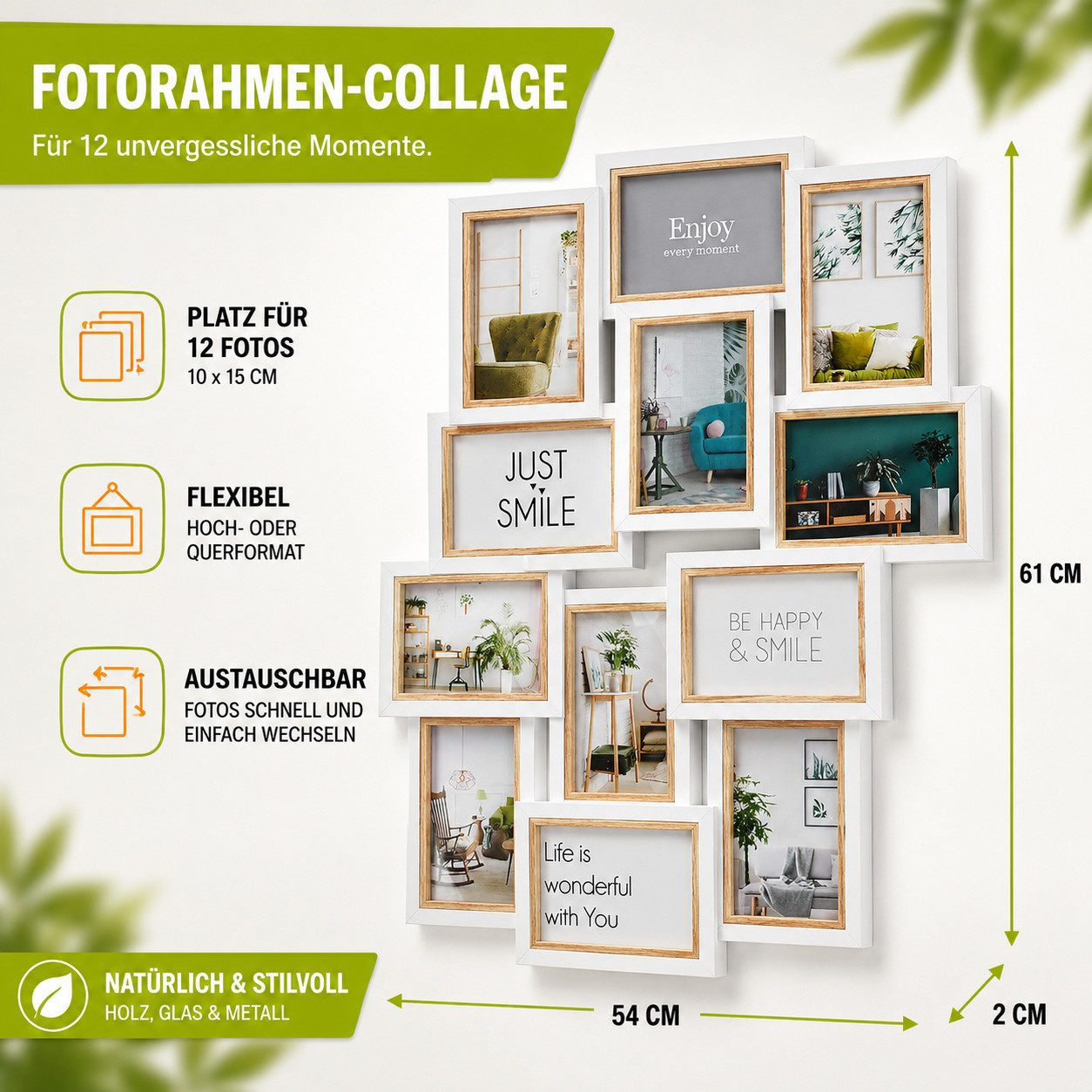 Kobolo Bilderrahmen Collage Bilderhalter Fotorahmen Holz BIG weiß braun 10x15, für 12 Bilder (1 Stück)