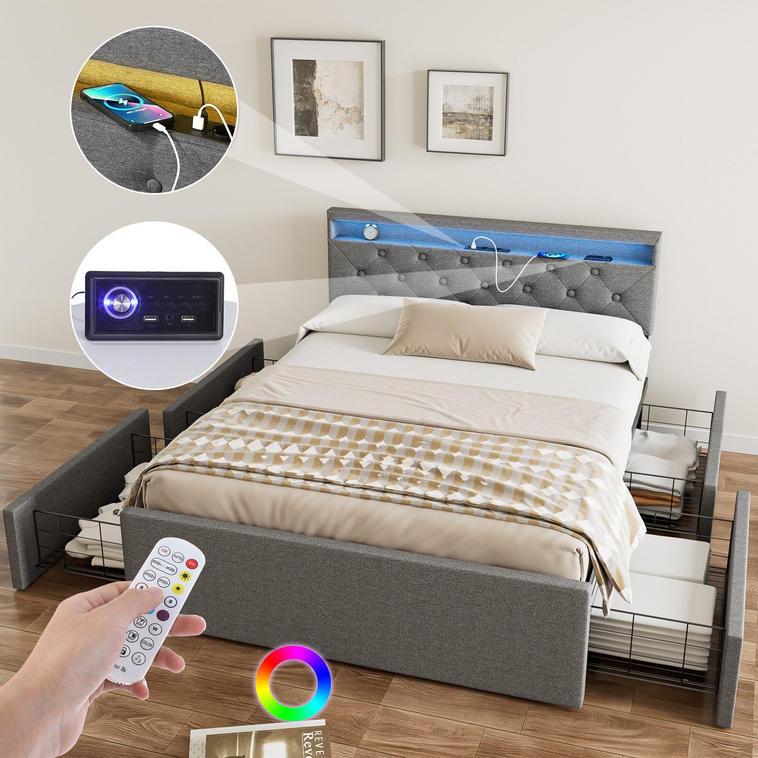 oyajia Polsterbett LED Doppelbett 140x200cm, Stauraumbett mit Kopfteil und günstig online kaufen