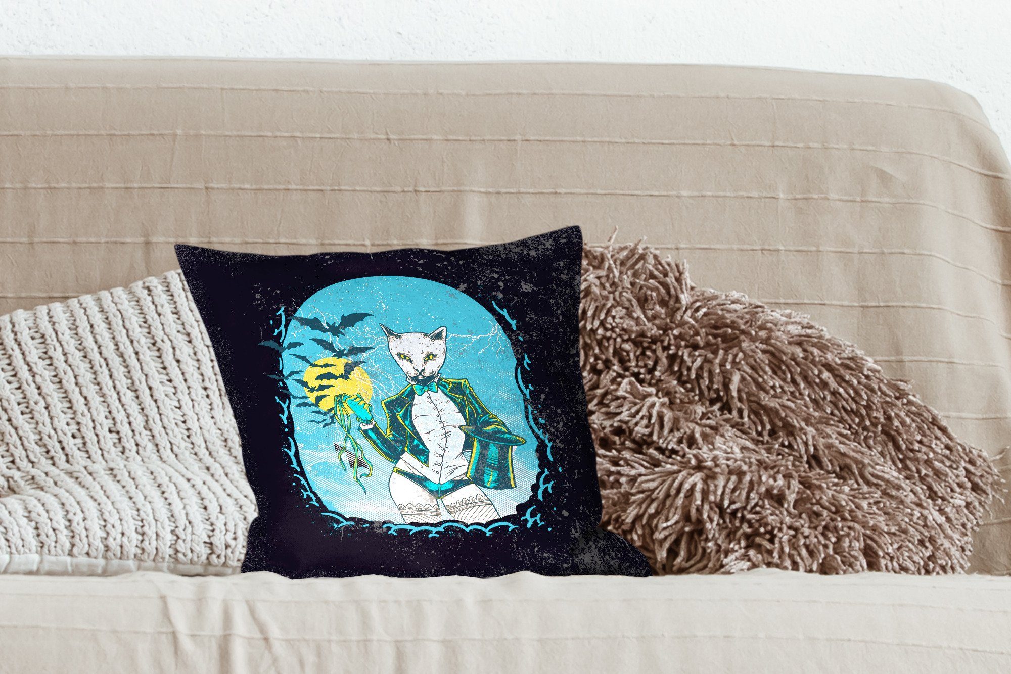 Schlafzimmer, für Hut, mit Füllung Wohzimmer, Katze - Sofakissen Vintage Zierkissen - Dekokissen MuchoWow Deko,