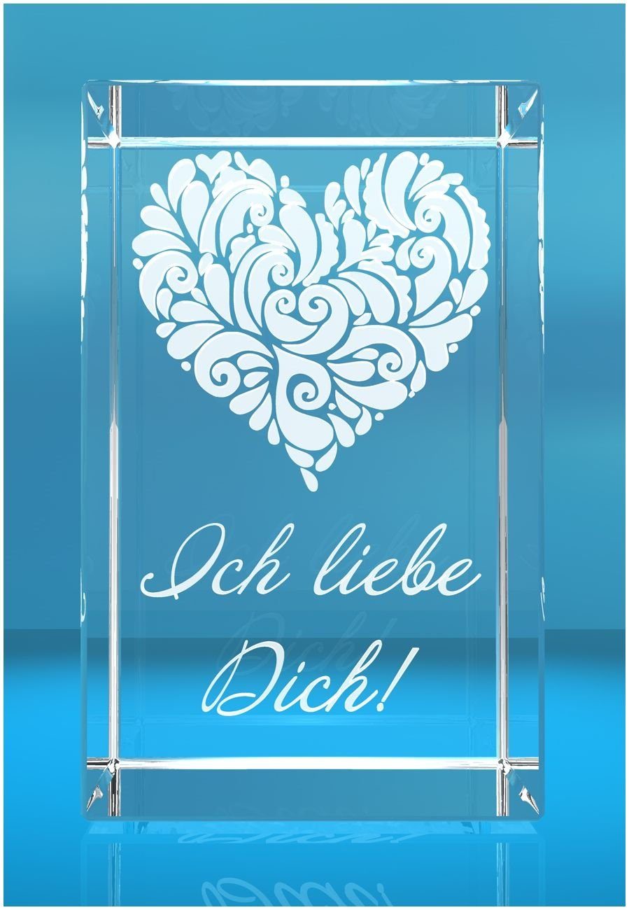 VIP-LASER Dekofigur 3D Glasquader I Verziertes Herz I Text: Ich liebe Dich!, Hochwertige Geschenkbox, Made in Germany, Familienbetrieb