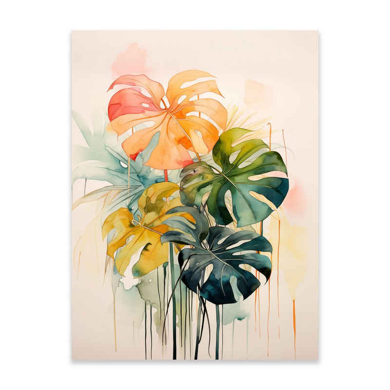 Wallarena Poster Blätter Monstera Wohnzimmer Schlafzimmer Kunstdruck Wandbild XXL, Gemalt Blätter (Premium Poster mit Rahmen / Ohne Rahmen, 1 St), Groß Wandbilder Größen zur Auswahl: 30x40 cm / 50x70 cm / 70x100 cm