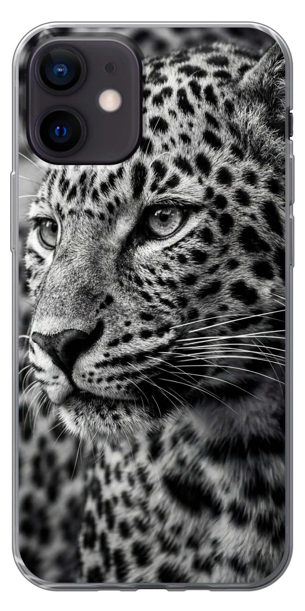 MuchoWow Handyhülle für Apple iPhone 12 Leopard - Schwarz - Weiß - Auge, Smartphone-Bumper, Print, Handy Schutzhülle Dünn