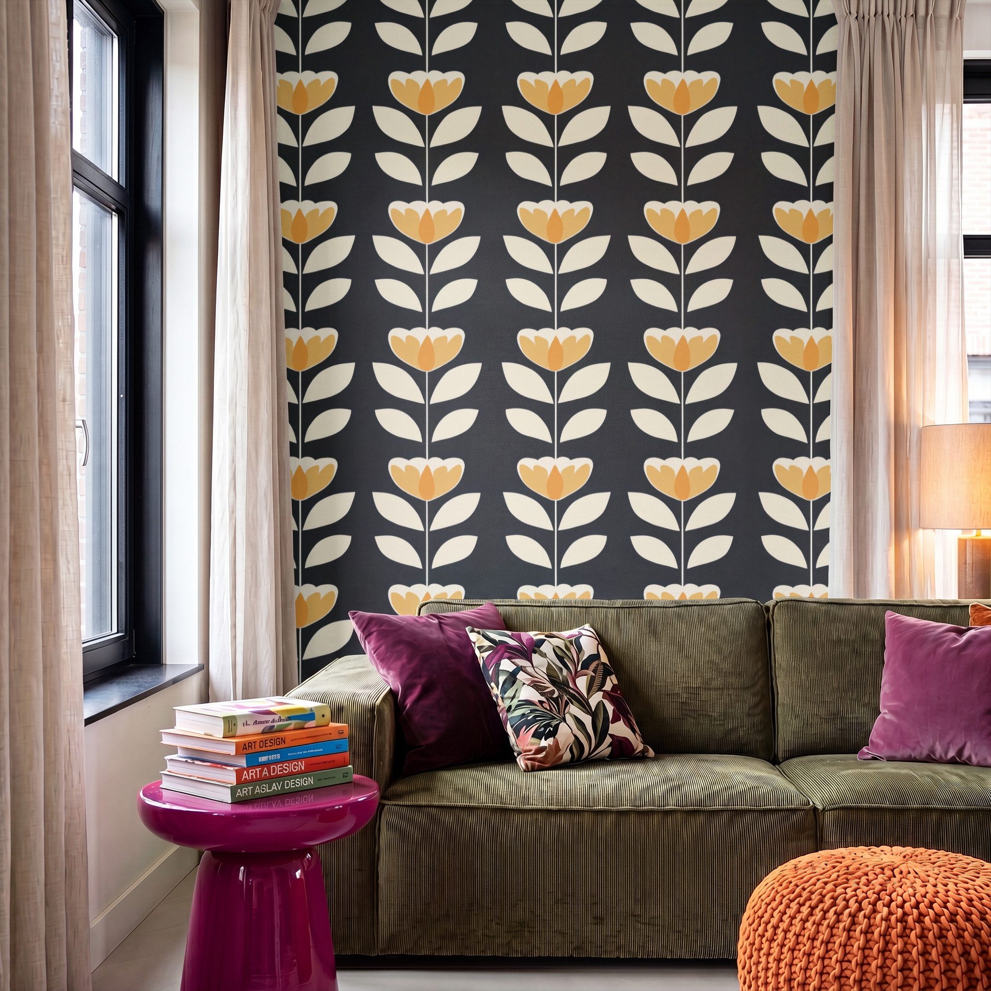 OnlyWow Fototapete Retro - Blume - Schwarz - Ockergelb, Matt, bedruckt, Wandtapete, Schlafzimmer, Modern, Vliestapete 140x200cm