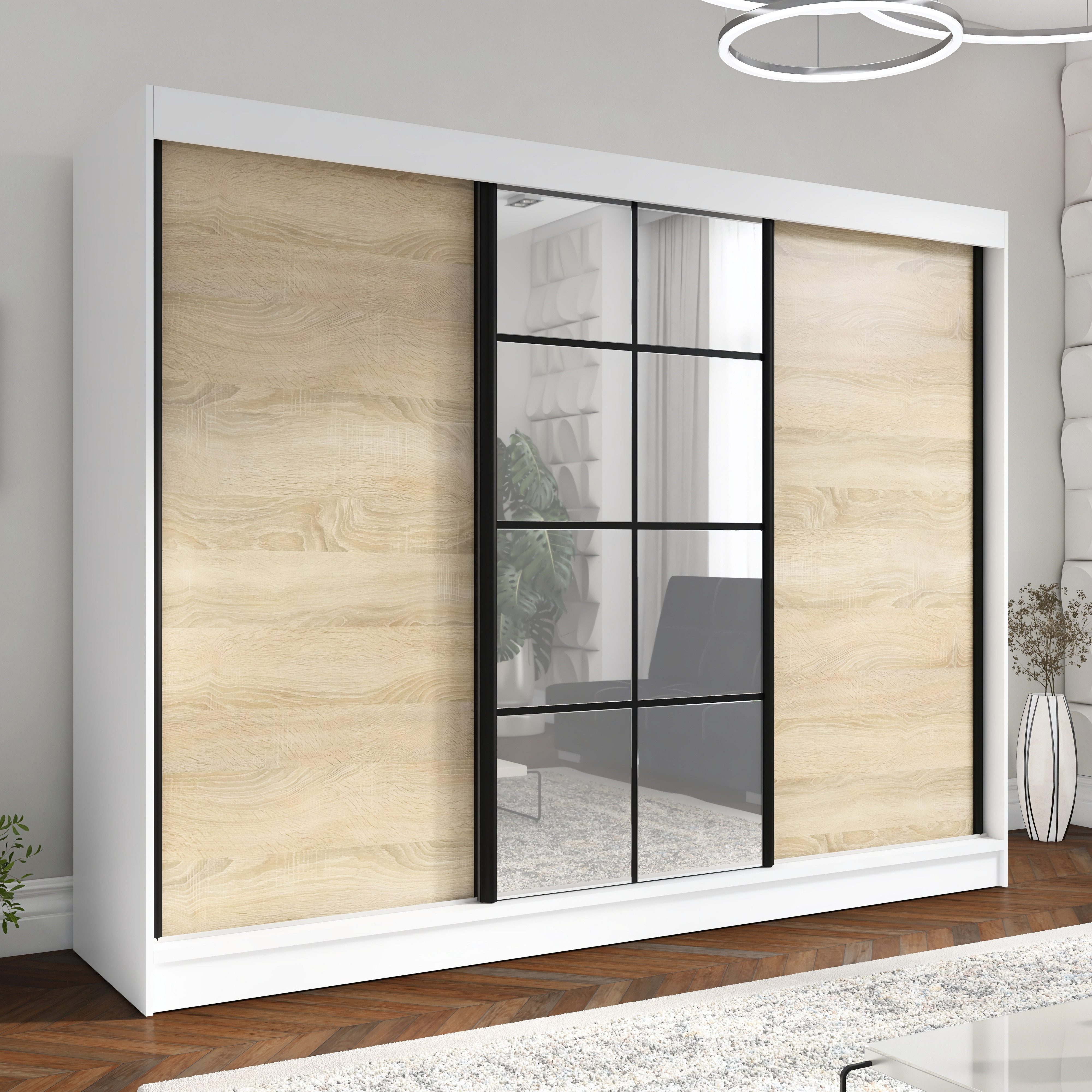 A&J MöbelLand GmbH Schiebetürenschrank ORAVELLE 3-türiger Kleiderschrank mit Spiegel, 4 Schubladen (TOP ANGEBOT! Geräumiger Schrank mit einer Breite von 200 cm und Spiegel, ideal zur Aufbewahrung von Kleidung und Accessoires. 4 Schubladen gratis und viel Stauraum. TOP PRODUKT! Wählen Sie das ideale Modell für Ihr Schlafzimmer!, Gratis 4 Schubladen – Katalogpreis der Schubladen 219 Euro) Breite: 200 cm, Höhe: 215 cm, Tiefe: 59,5 cm