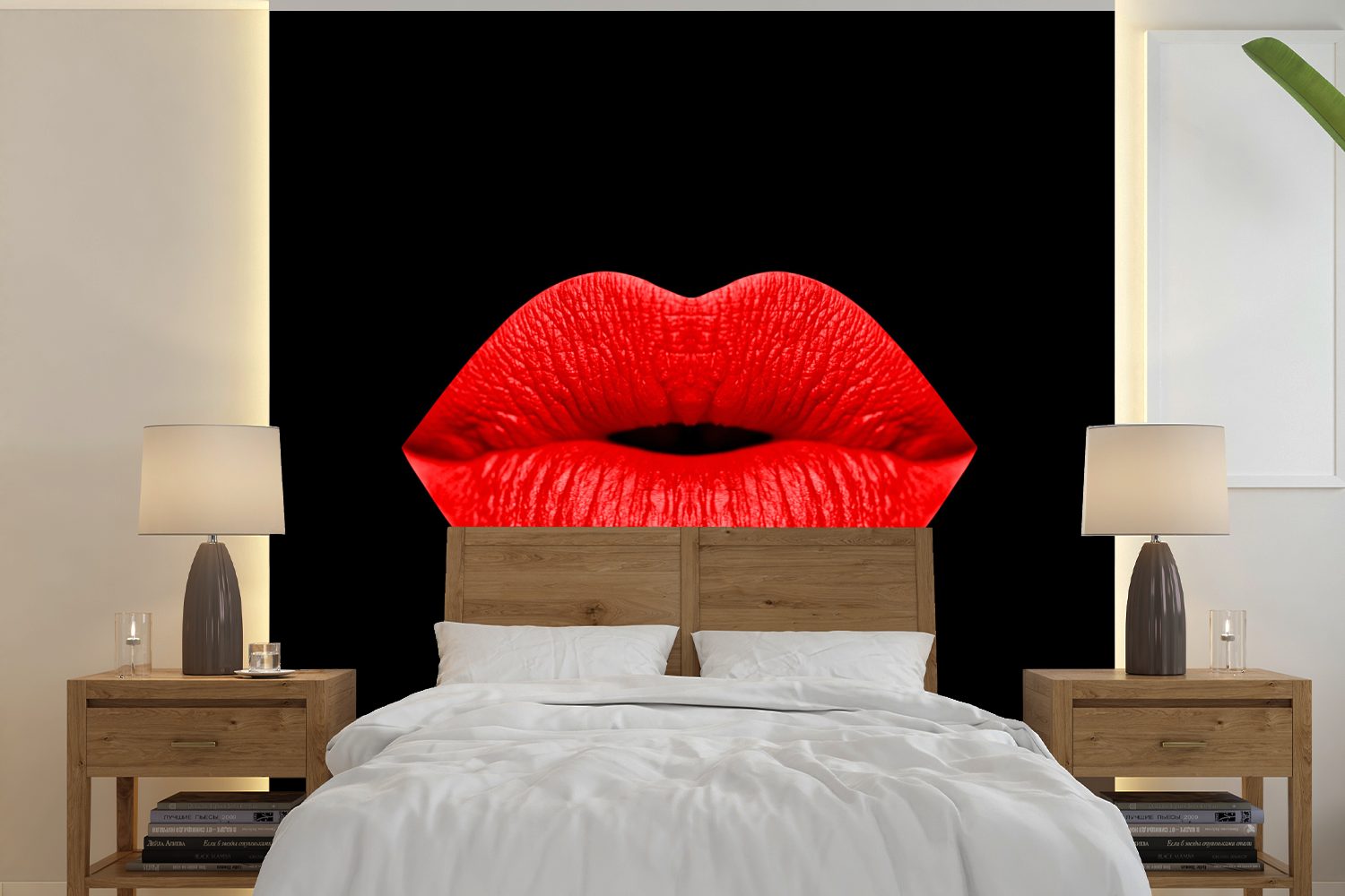 MuchoWow Fototapete Lippen - Rot - Schwarz, Matt, bedruckt, (5 St), Vinyl Tapete für Wohnzimmer oder Schlafzimmer, Wandtapete