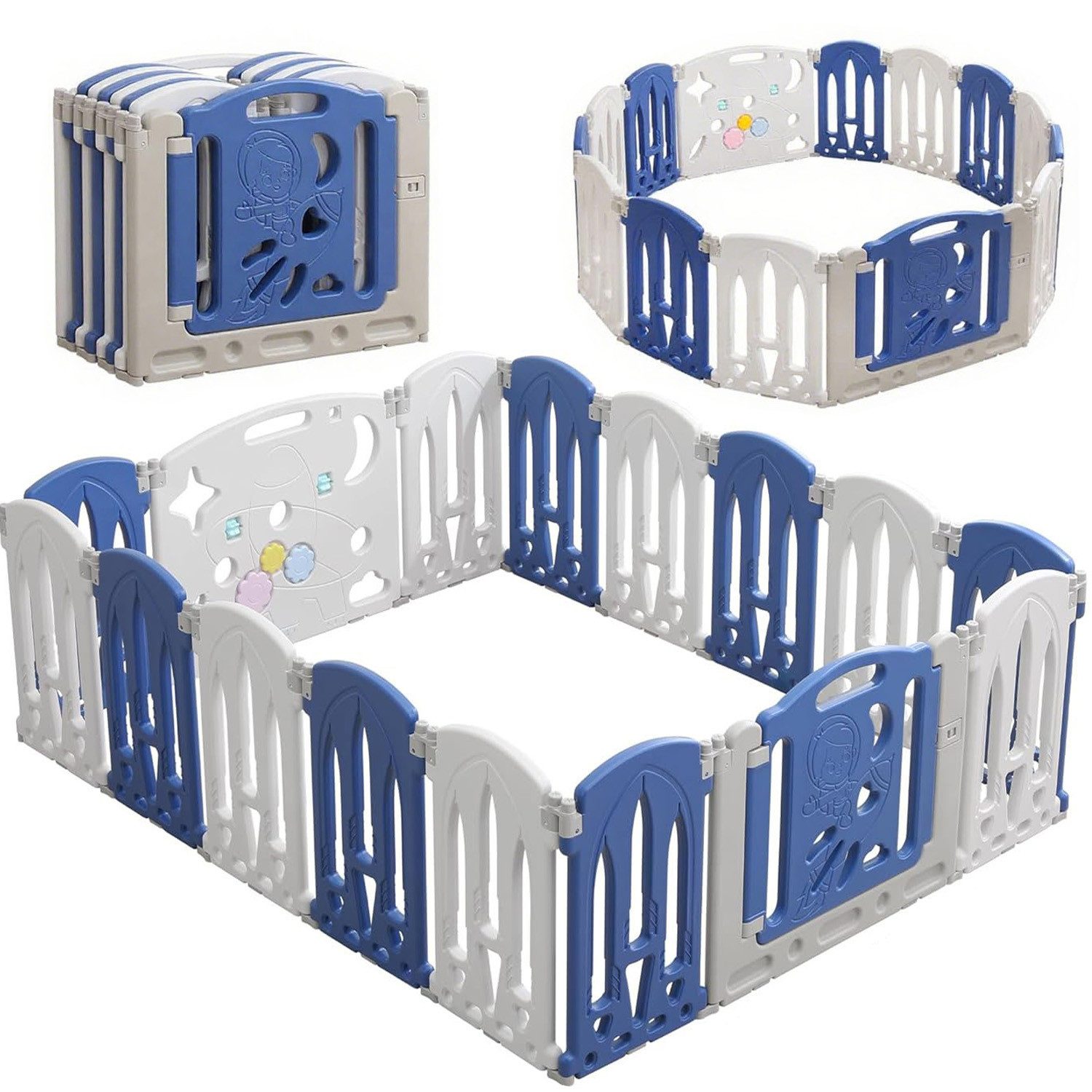 AIMAX Laufgitter Baby Laufstall Faltbarer Basketballkorb Absperrgitter (16-tlg), mit Spielzeugtafel & Türtafel Krabbelgitter Rutschfester