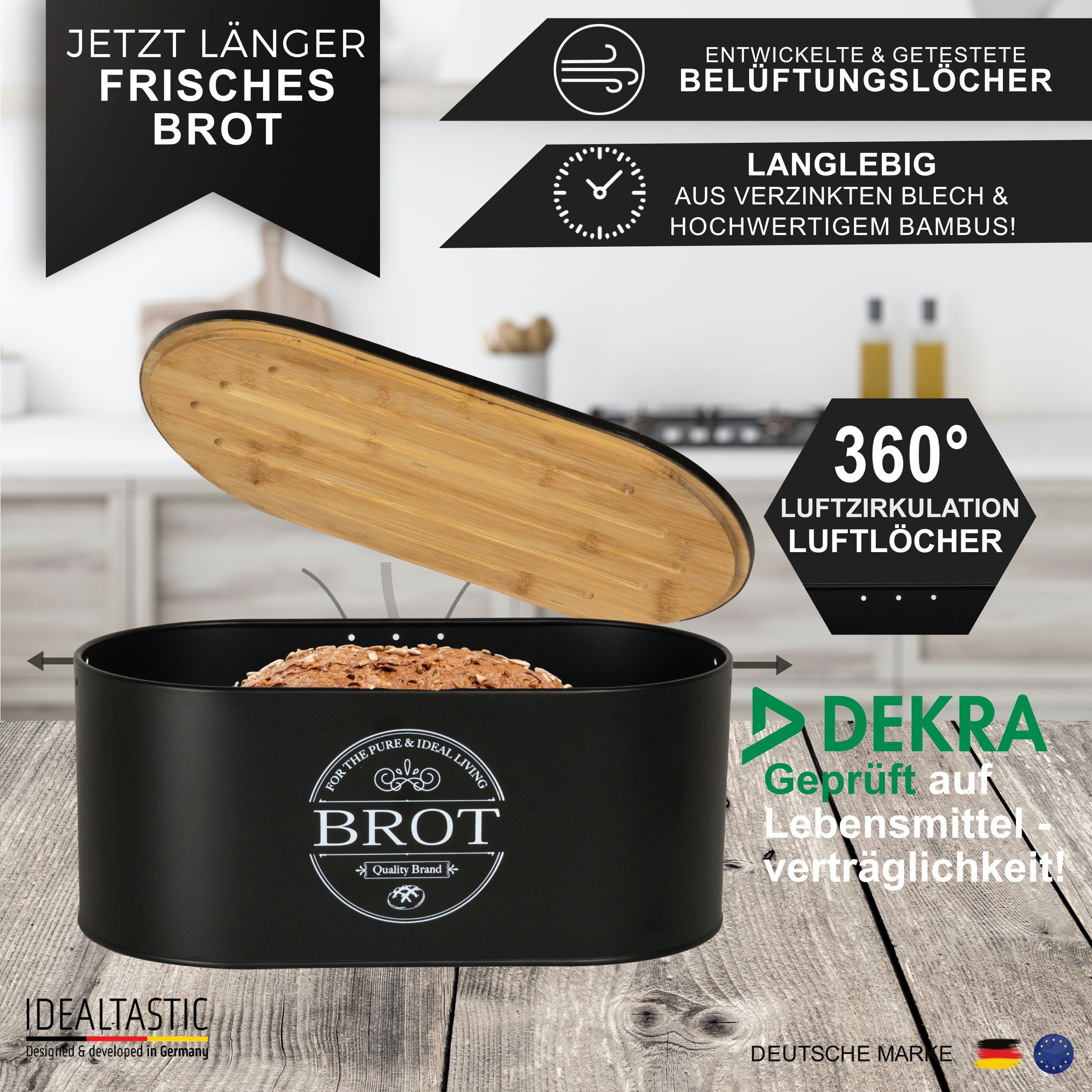 IDEALTASTIC Brotkasten Premium 2-in-1 Brotkasten für die ideale Brot  Aufbewahrung, Stahl, Länger frischhaltende Brotbox & speziell entwickelter  Luftzirkulation