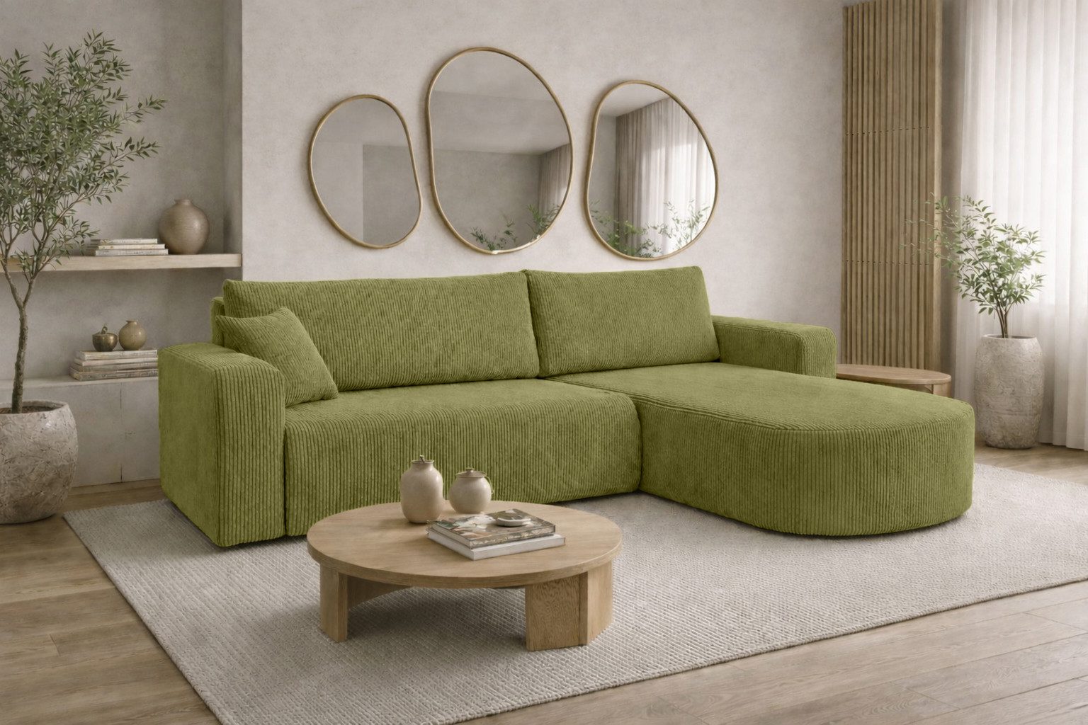 Kaiser Möbel Ecksofa mit Schlaffunktion für Wohnzimmer, Cordstoff Poso, ROUND ONE XL, XL-Format, abgerundete Form, Liegefunktion, Stauraum
