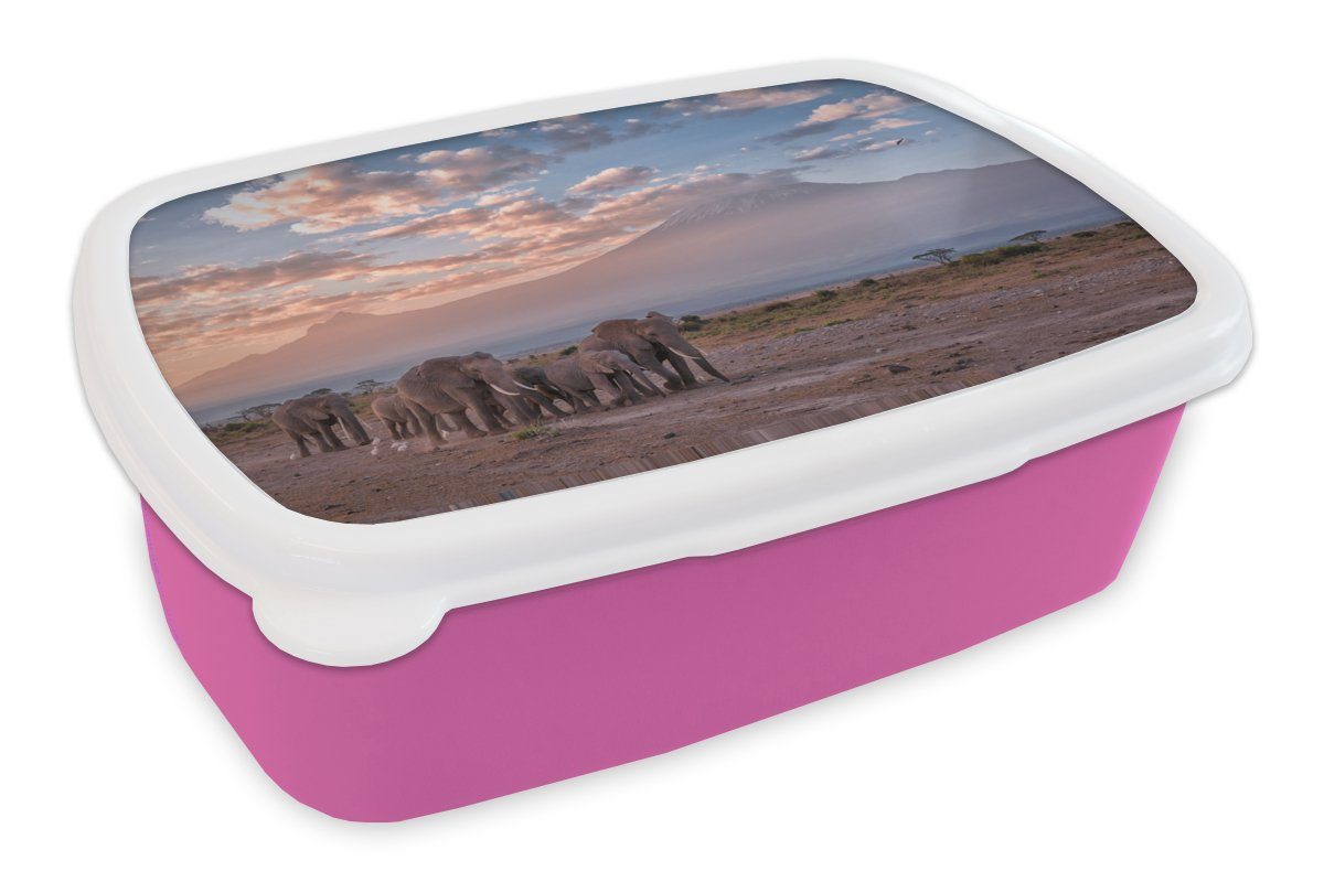 Kinder, (2-tlg), Snackbox, Tiere Brotdose Erwachsene, Landschaft Kunststoff, Elefant Abend - rosa Kunststoff Savanne, - Mädchen, für - - Lunchbox Brotbox MuchoWow